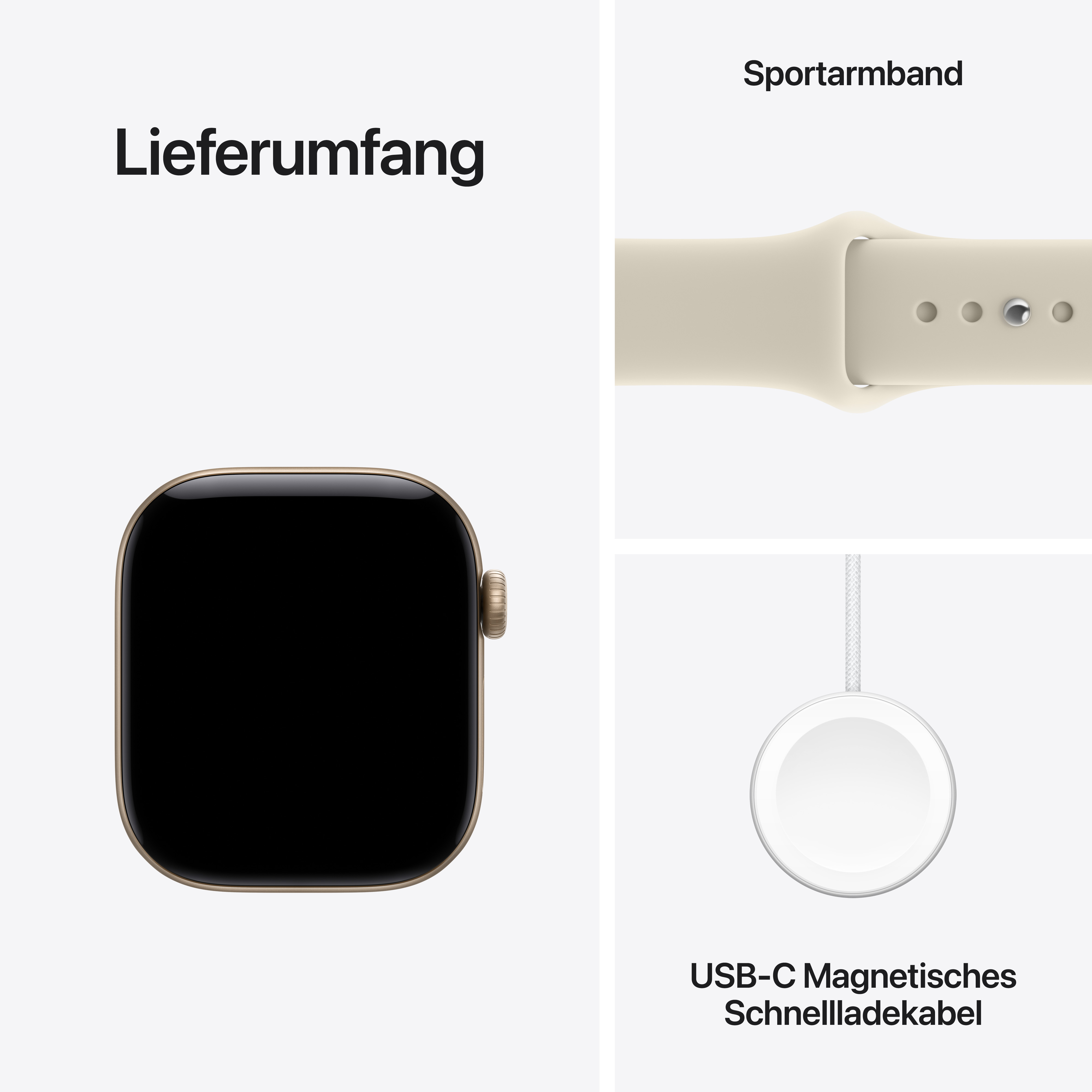Lieferumfang: Eine Smartwatch, ein Sportarmband und ein USB-C magnetisches Schnellladekabel.