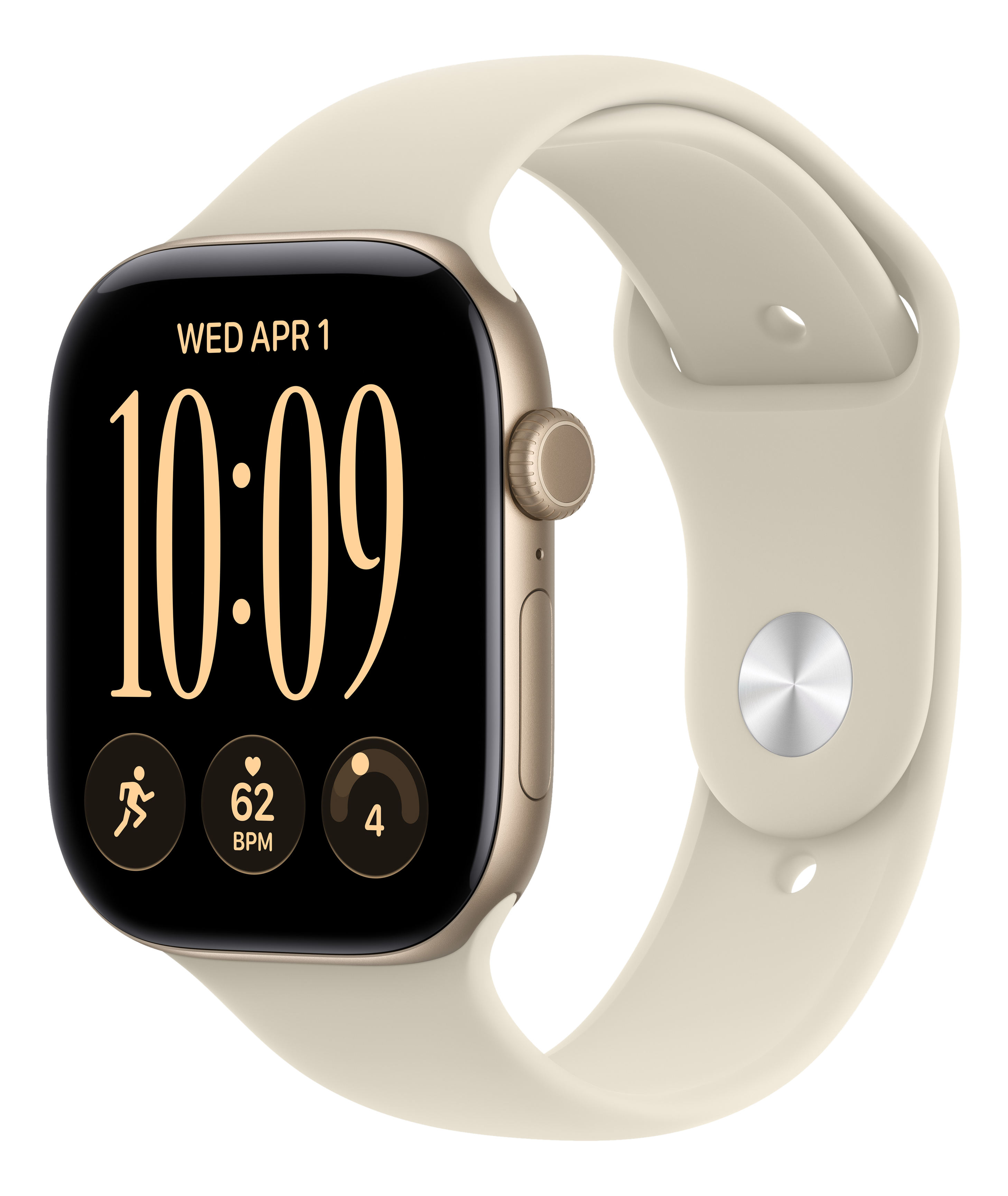 Eine beigefarbene Smartwatch mit digitalem Display, das die Uhrzeit 10:09, Datum und Gesundheitsdaten anzeigt.