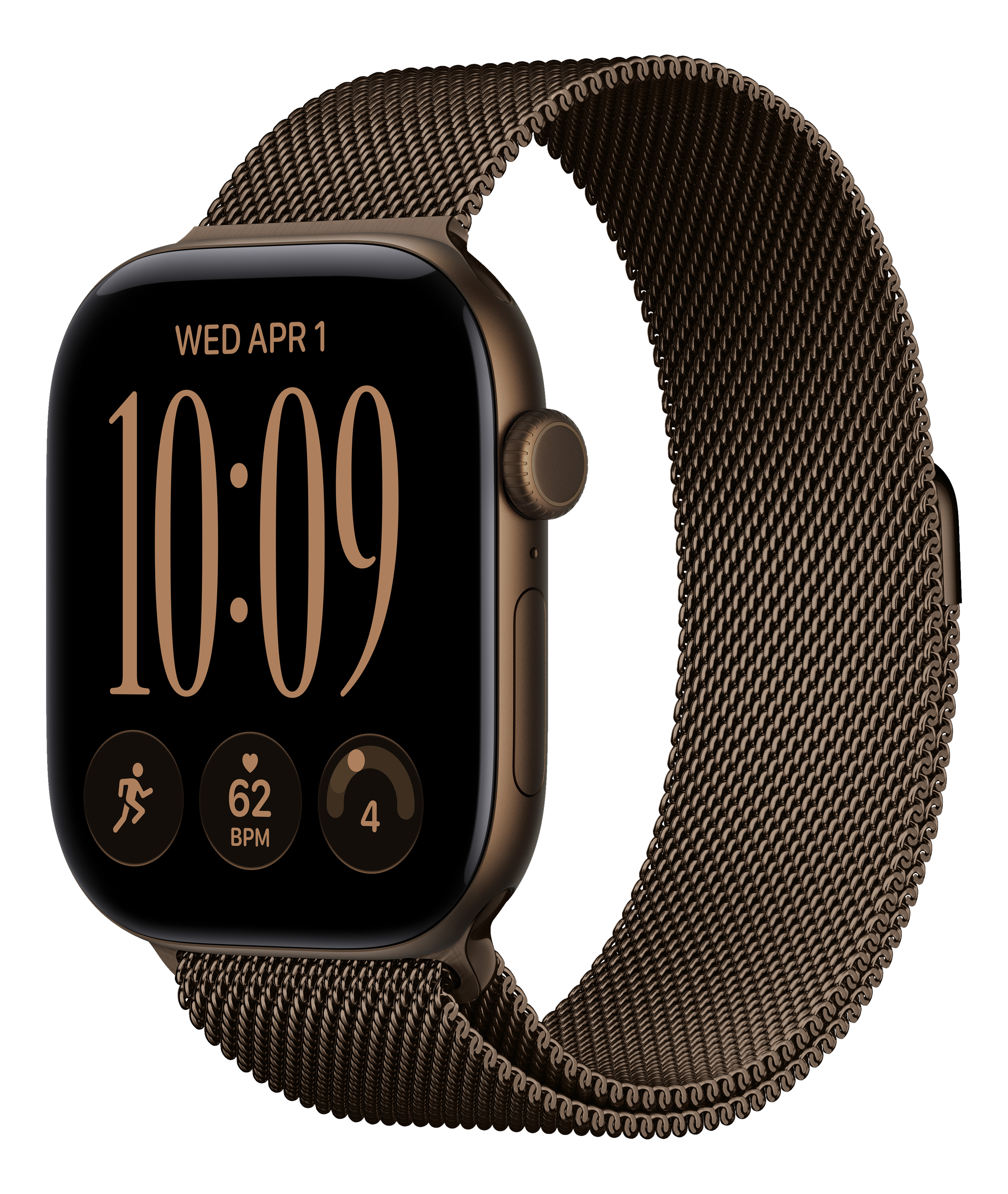 Braune Smartwatch mit Metallarmband auf schwarzem Hintergrund, Anzeige zeigt 10:09 Uhr und Gesundheitsdaten.