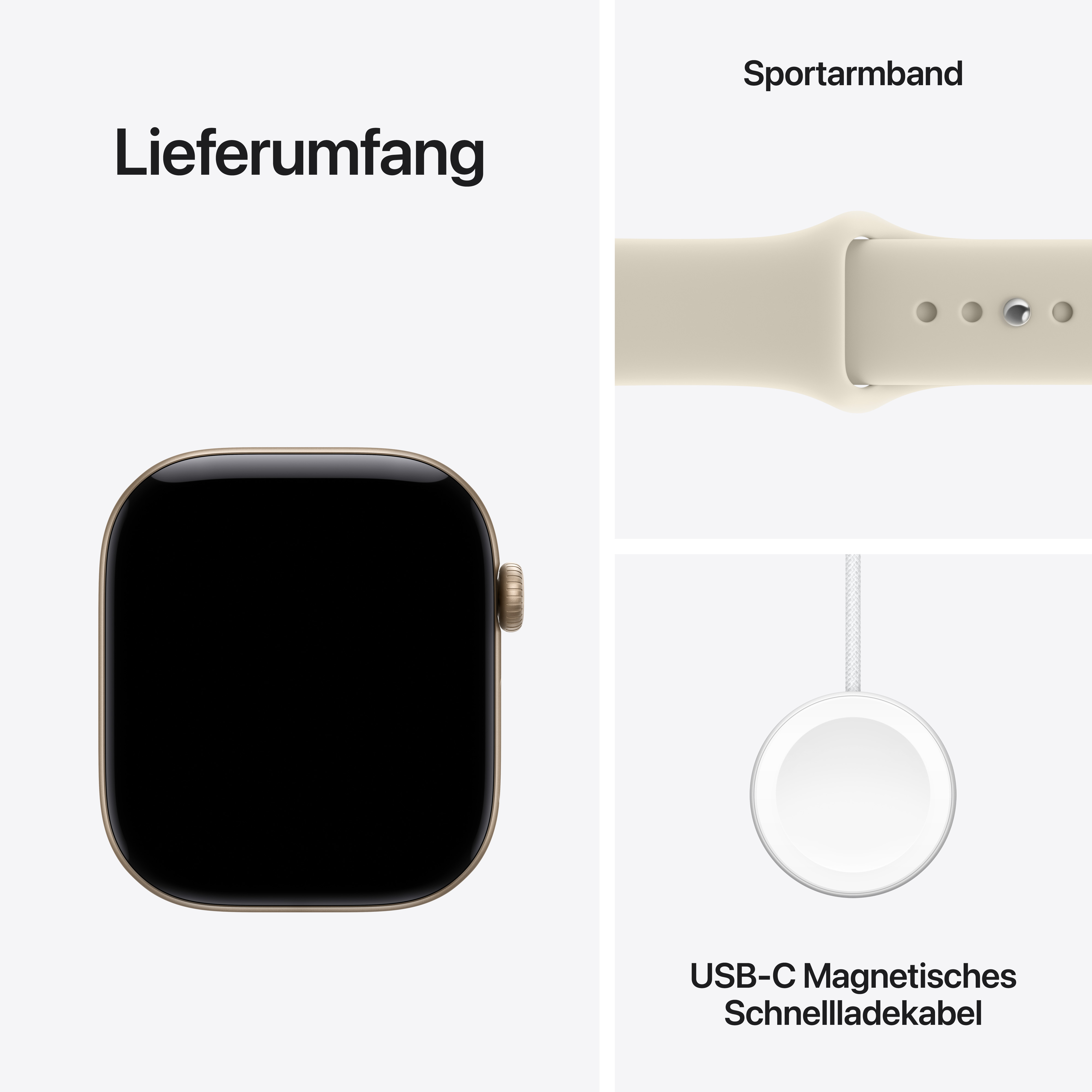 Smartwatch mit Sportarmband und USB-C magnetischem Schnellladekabel.