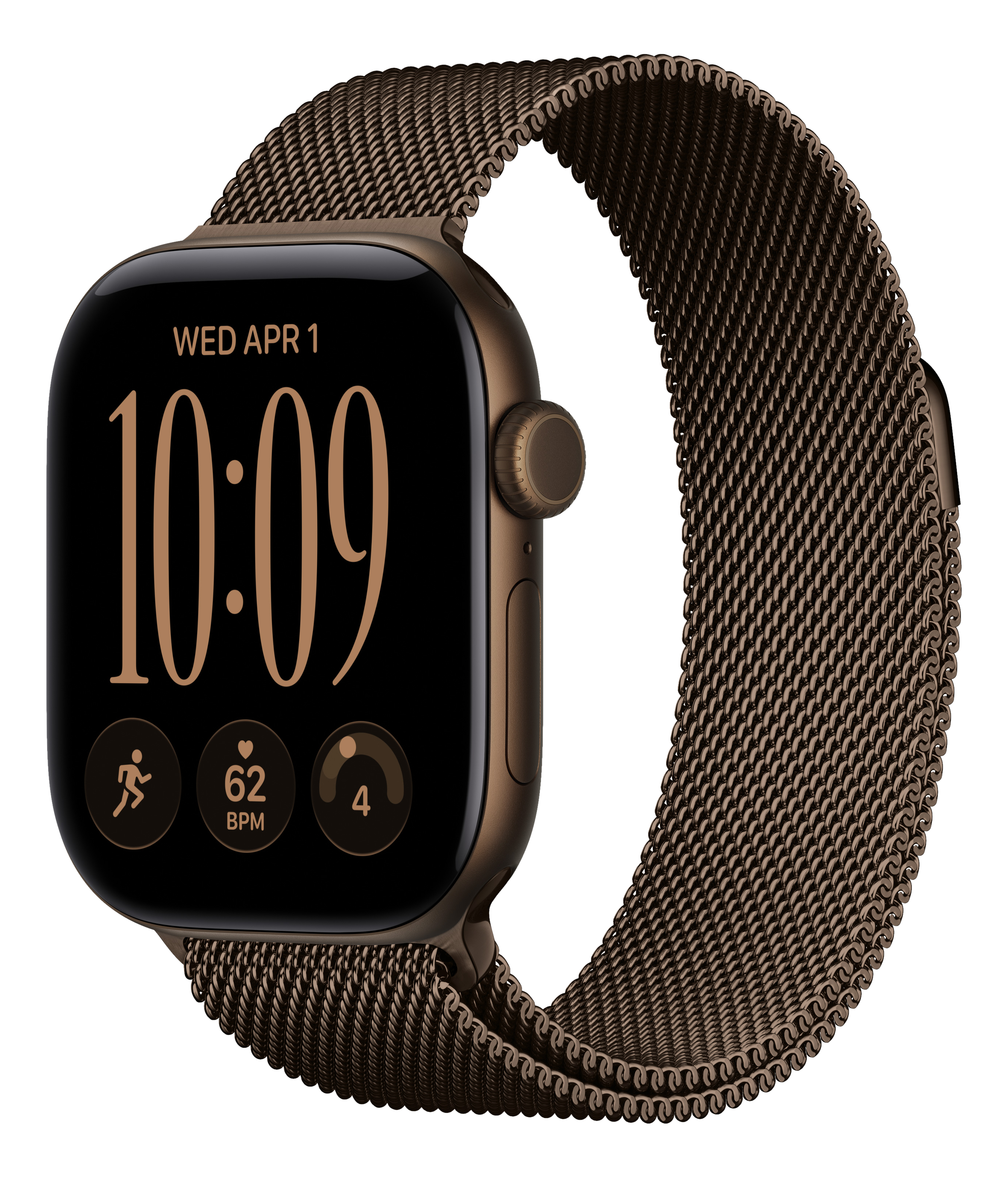 Braune Smartwatch mit Metallarmband und schwarzem Display vor schwarzem Hintergrund.