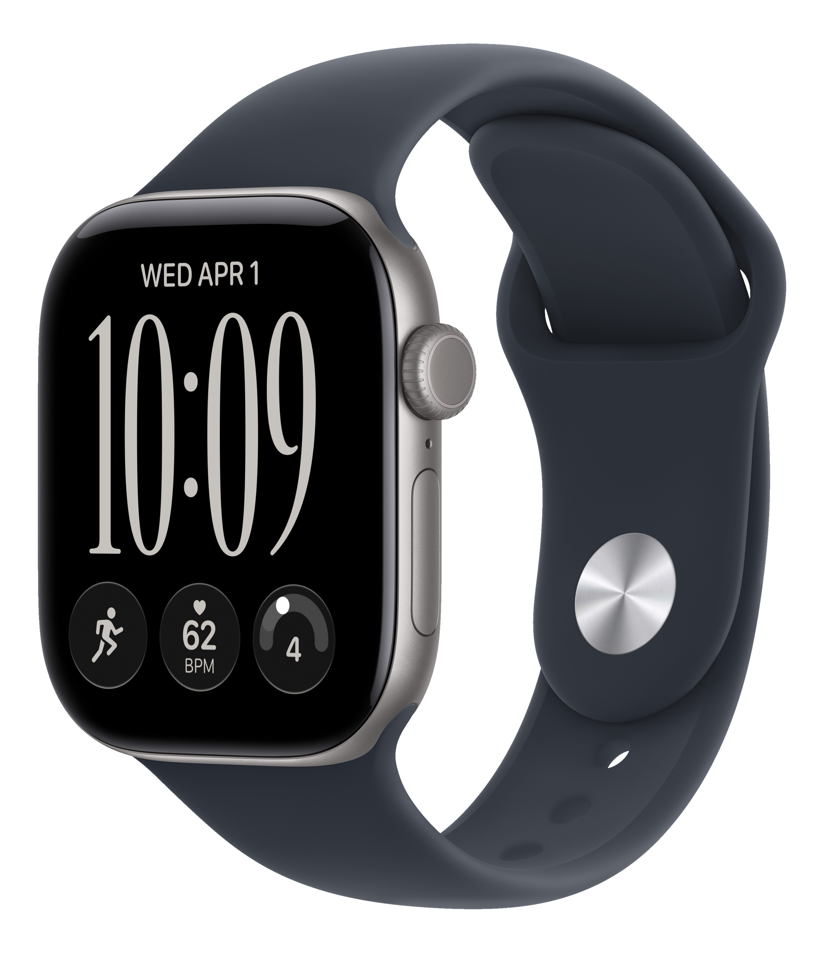 Eine silberne Smartwatch mit schwarzem Silikonarmband zeigt die Uhrzeit 10:09 und das Datum Mi. 1. Apr. auf schwarzem Hintergrund.
