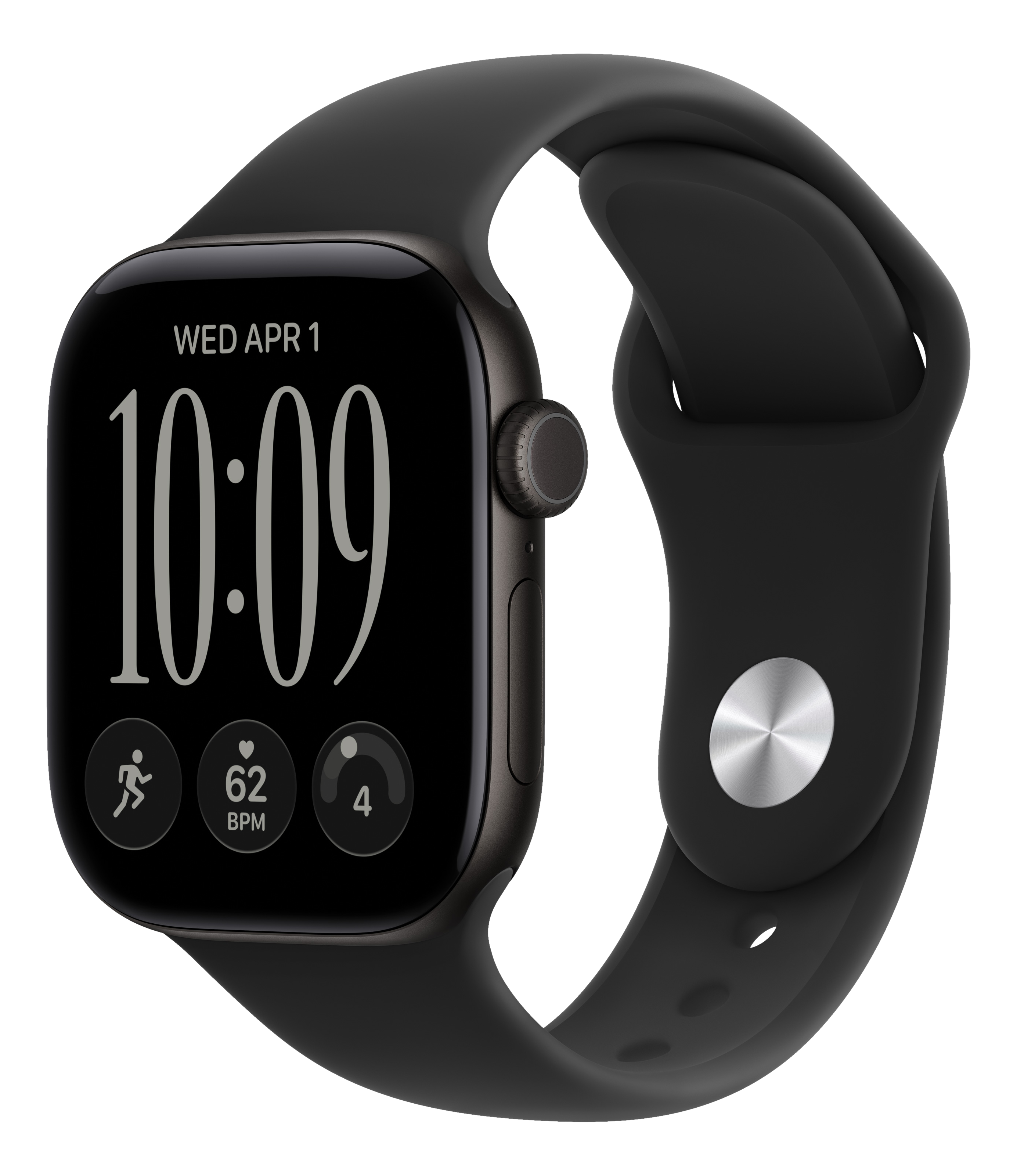 Eine schwarze Smartwatch mit digitalem Display zeigt 10:09, Datum und Fitnessdaten vor schwarzem Hintergrund.