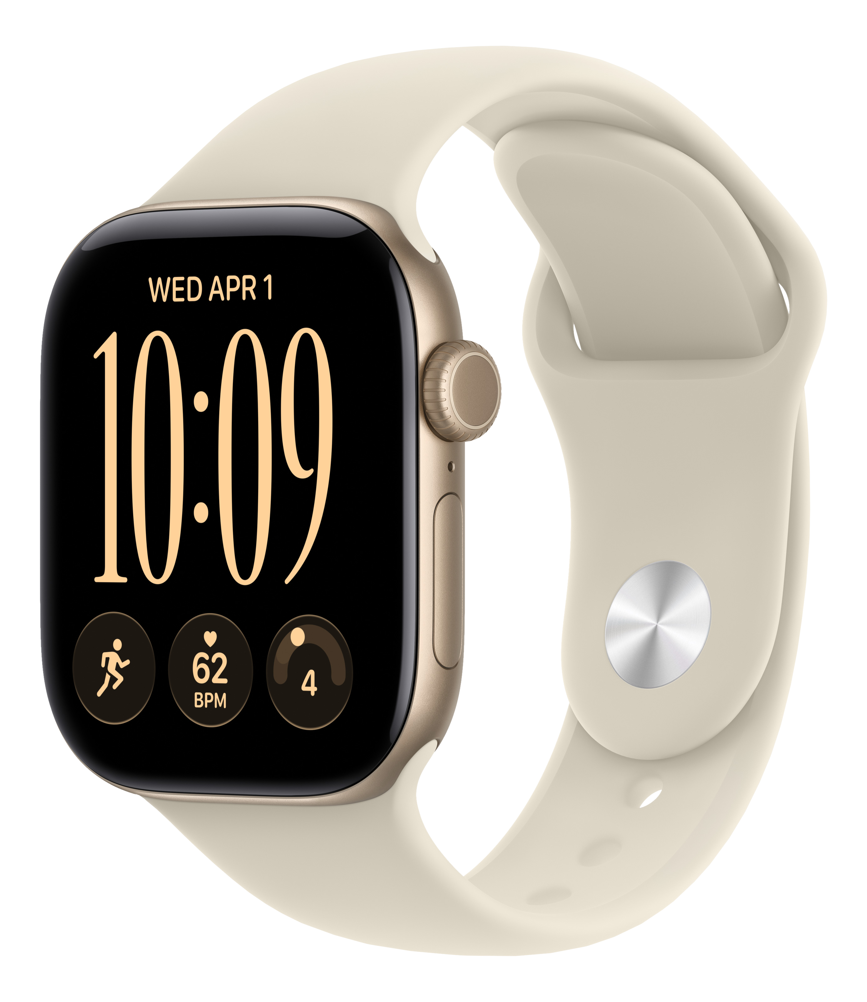 Eine goldene Smartwatch mit hellem Silikonarmband und schwarzem Display auf schwarzem Hintergrund.