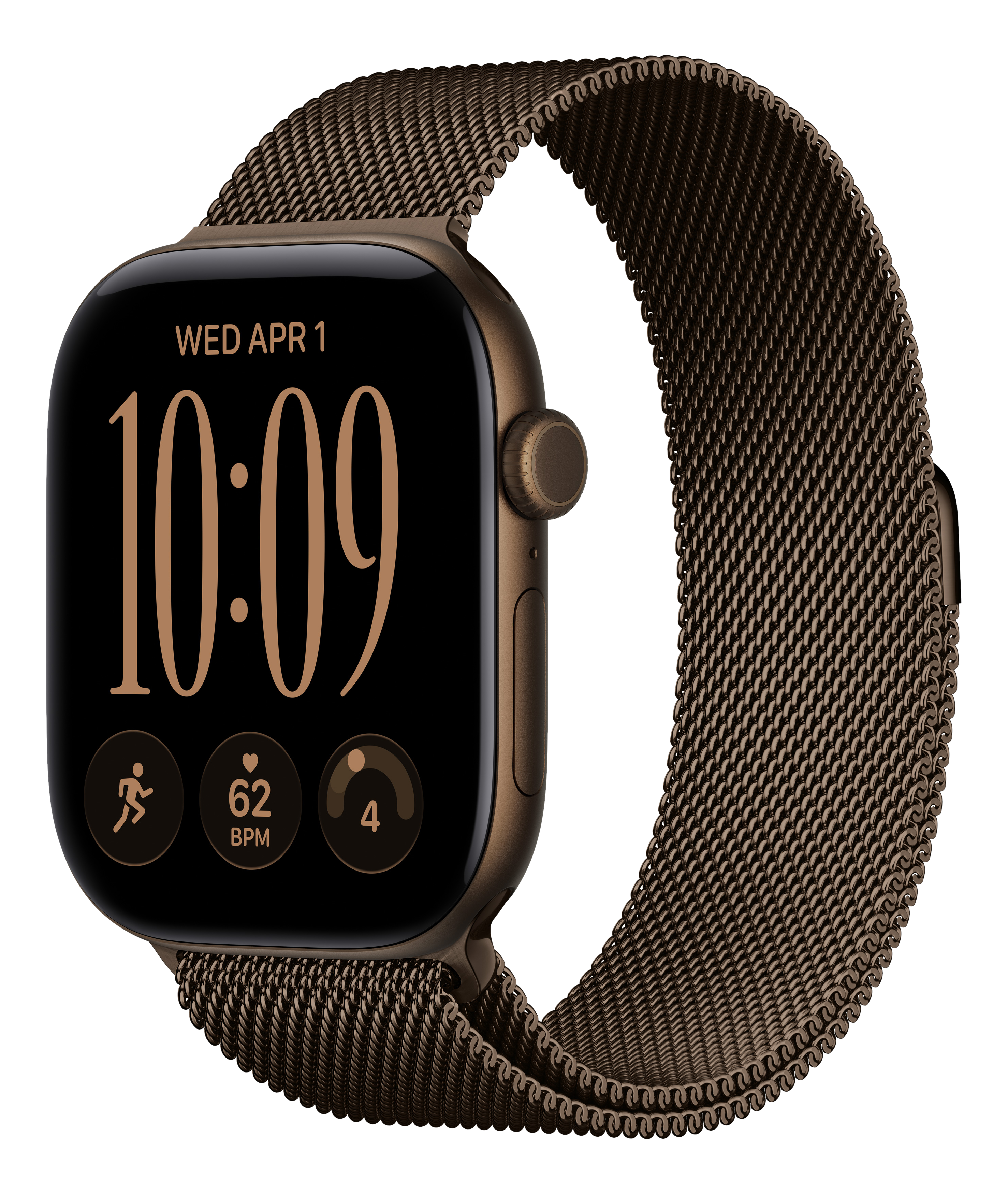 Eine bronzeefarbene Smartwatch mit Milanaise-Armband und digitalem Zifferblatt auf schwarzem Hintergrund.