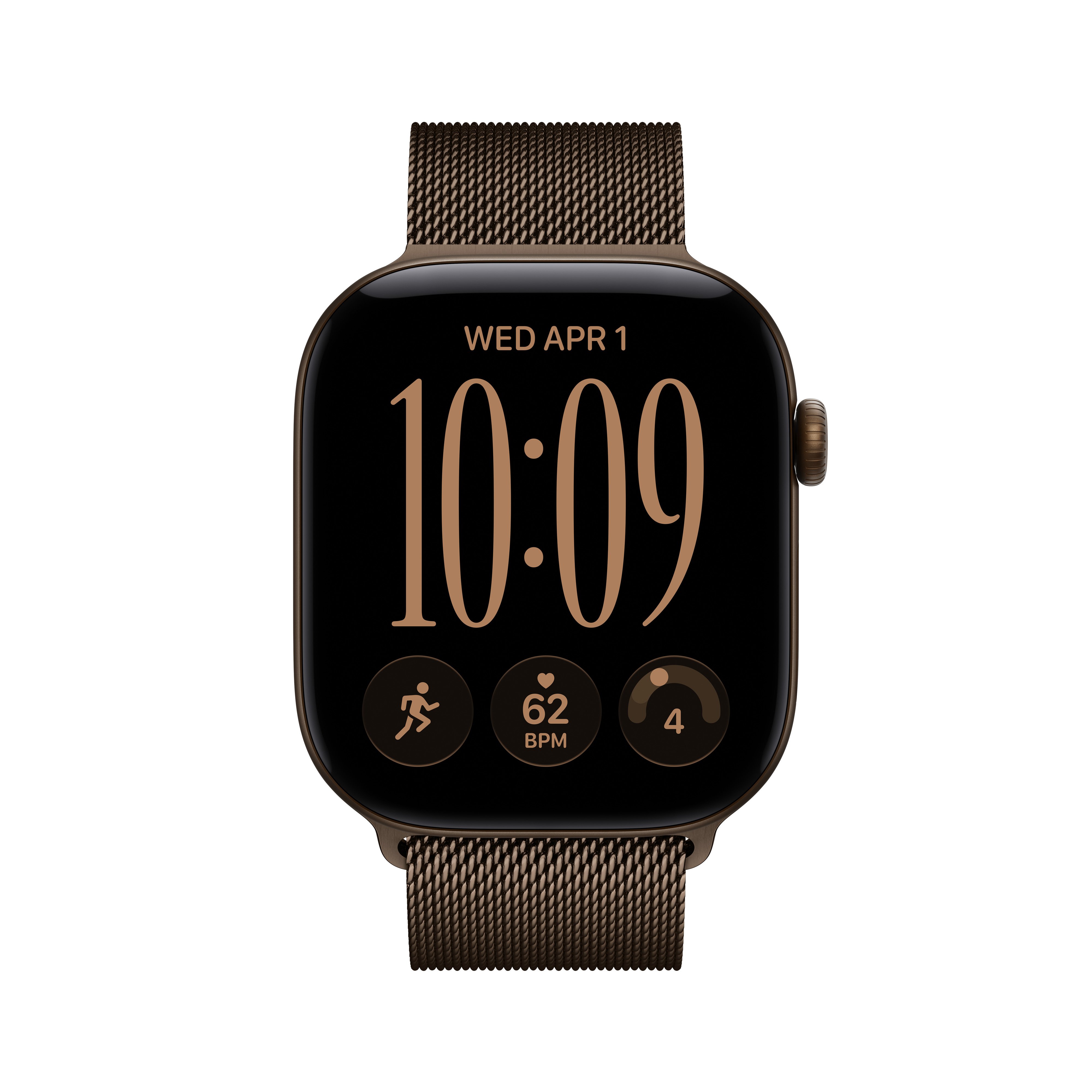 Eine braune Smartwatch mit Metallarmband zeigt auf dem schwarzen Display das Datum, die Uhrzeit und Aktivitätsdaten.