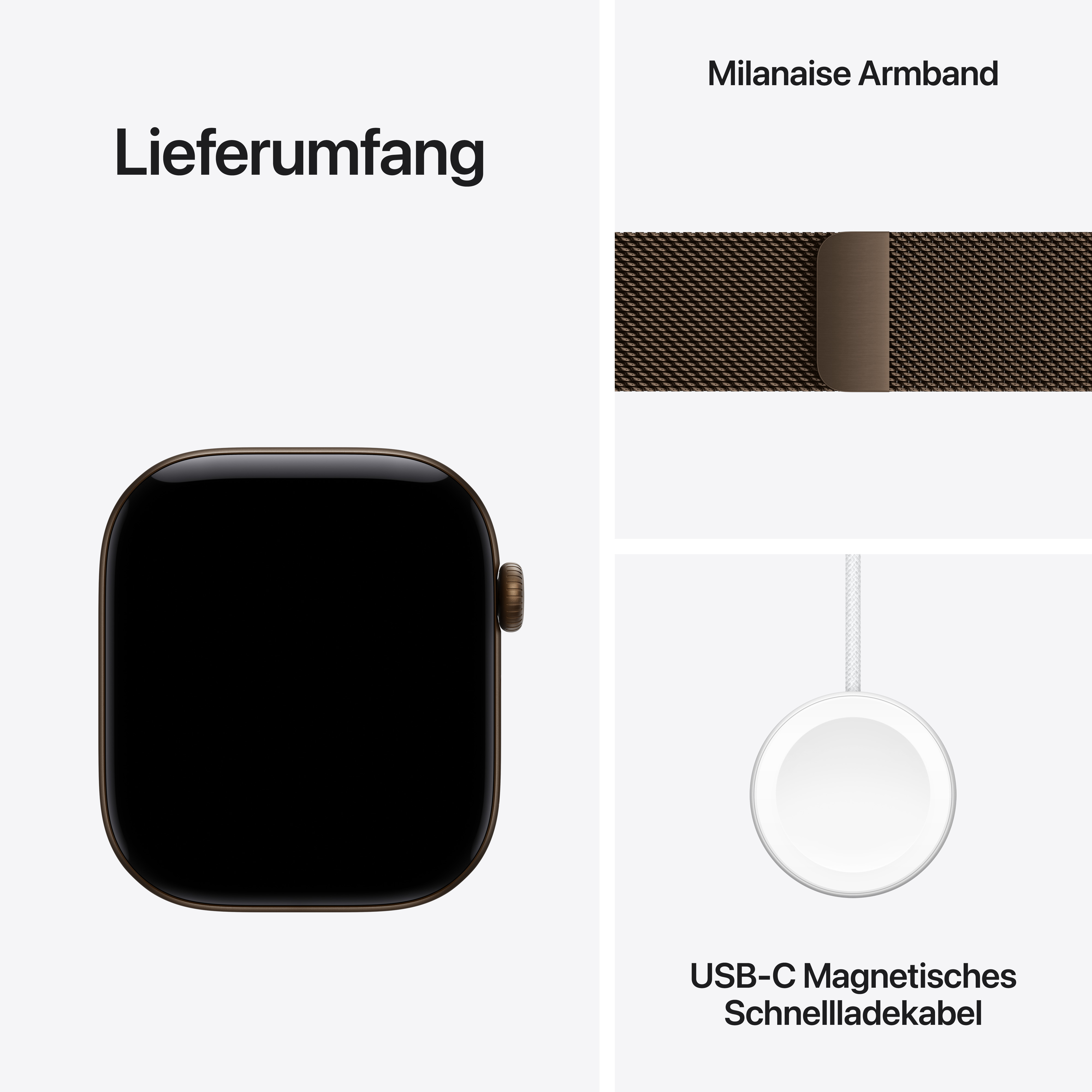 Lieferumfang: Apple Watch, Milanaise Armband und USB-C Magnetisches Schnellladekabel.