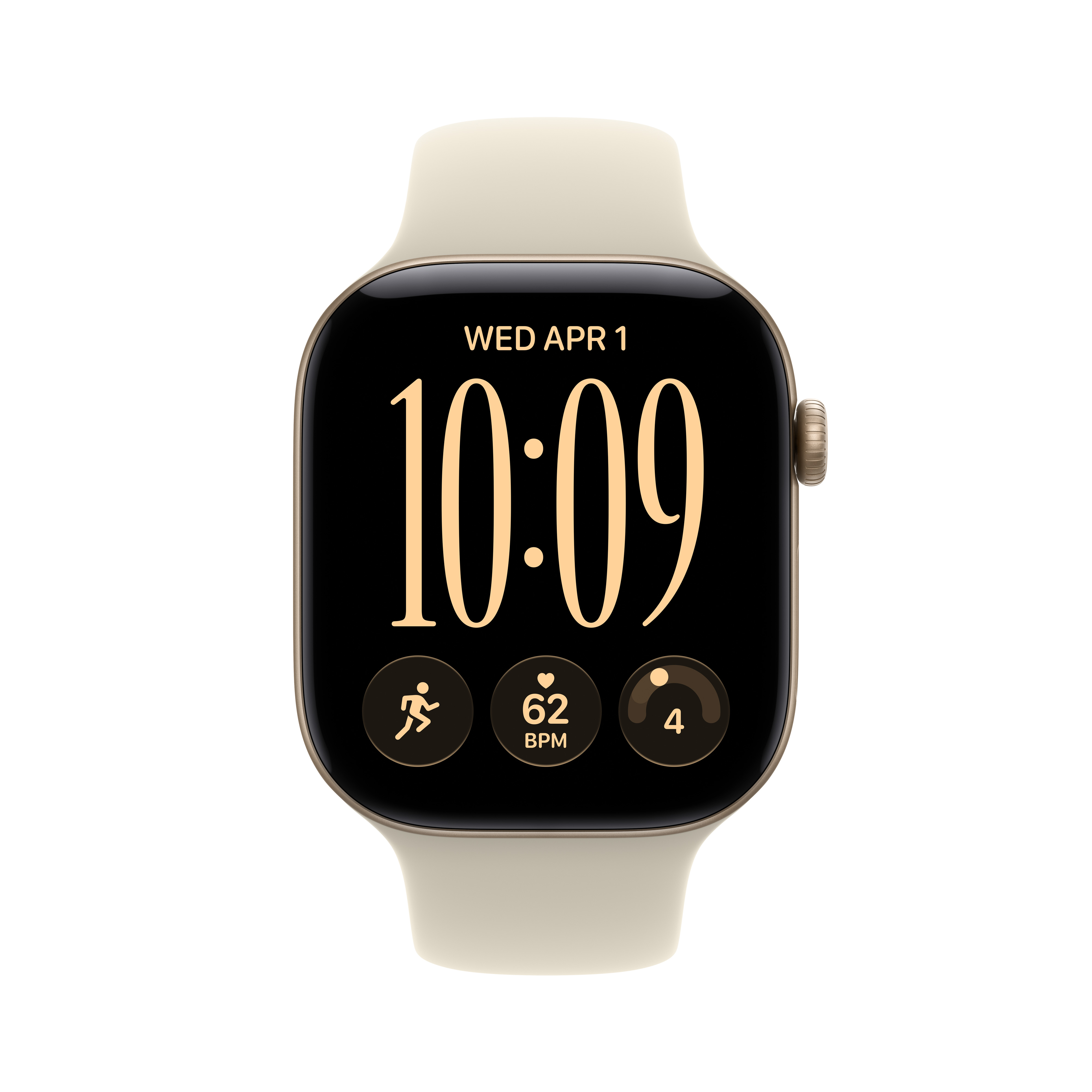 Eine cremefarbene Smartwatch mit digitalem Zifferblatt, Herzfrequenzanzeige und Aktivitätstracker auf weißem Hintergrund.