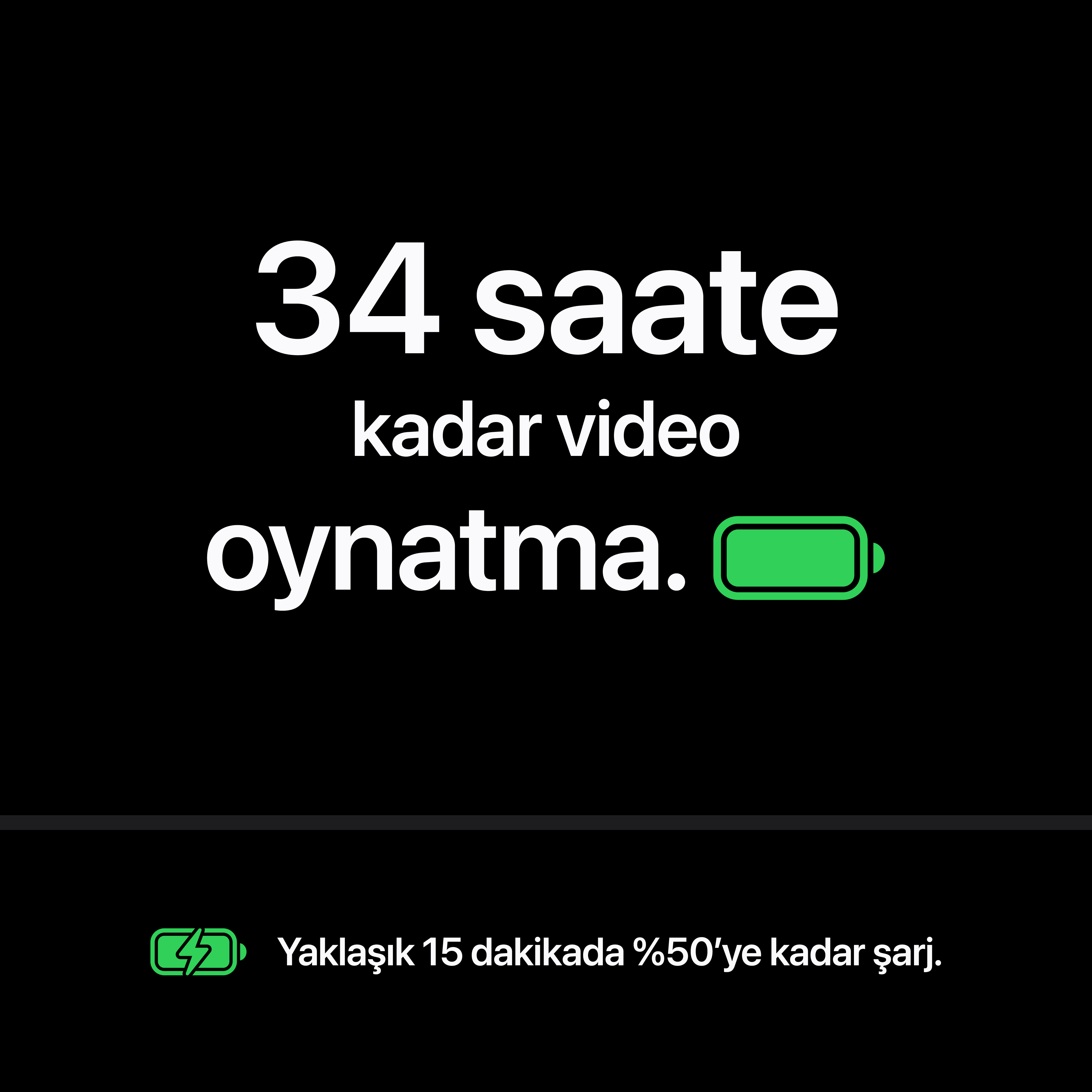 34 saate kadar video oynatma ve yeşil pil simgesi hakkında beyaz yazılı siyah ekran.