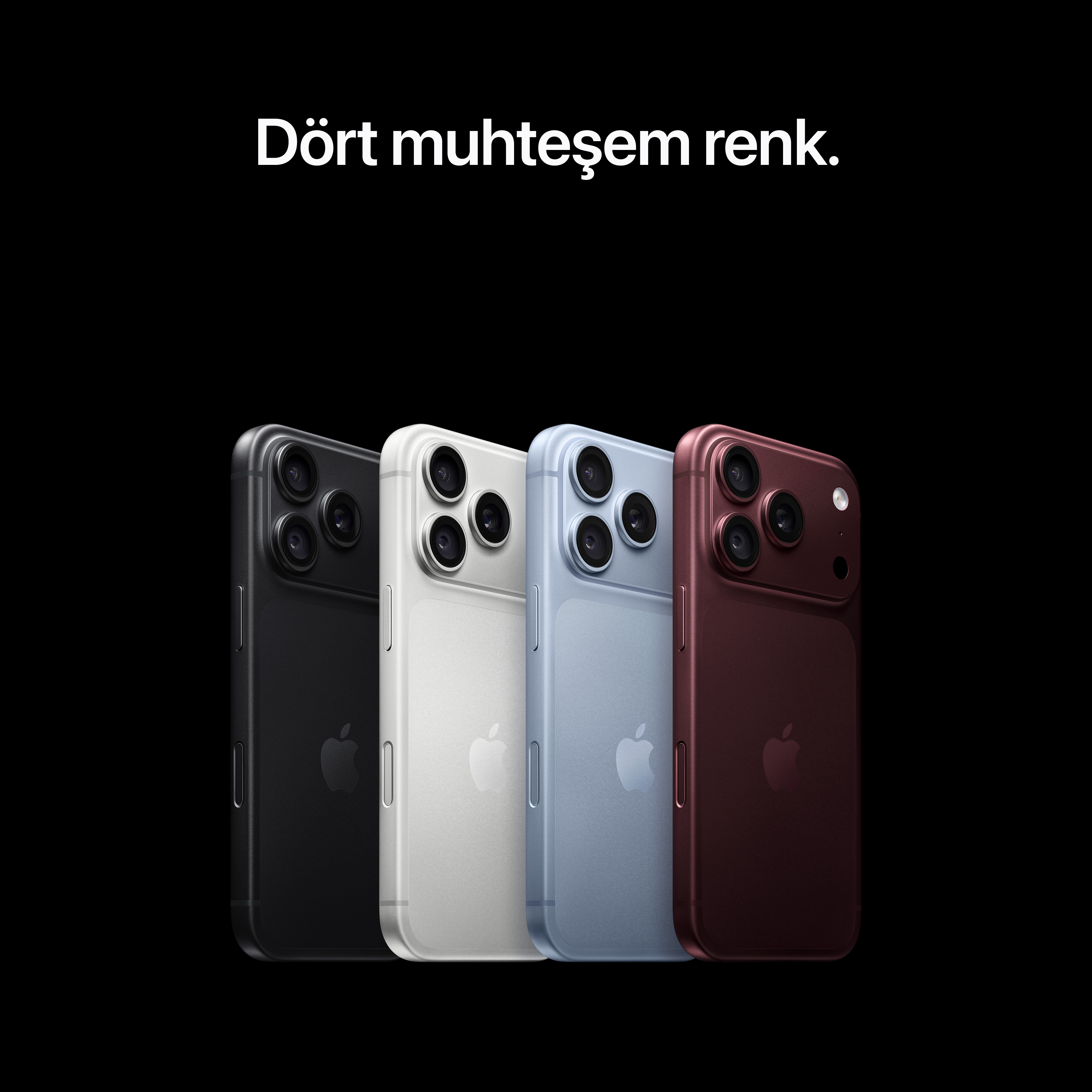 Siyah, gümüş, mavi ve bordo renkli dört akıllı telefon, üzerinde Türkçe metin olan siyah arka planda.