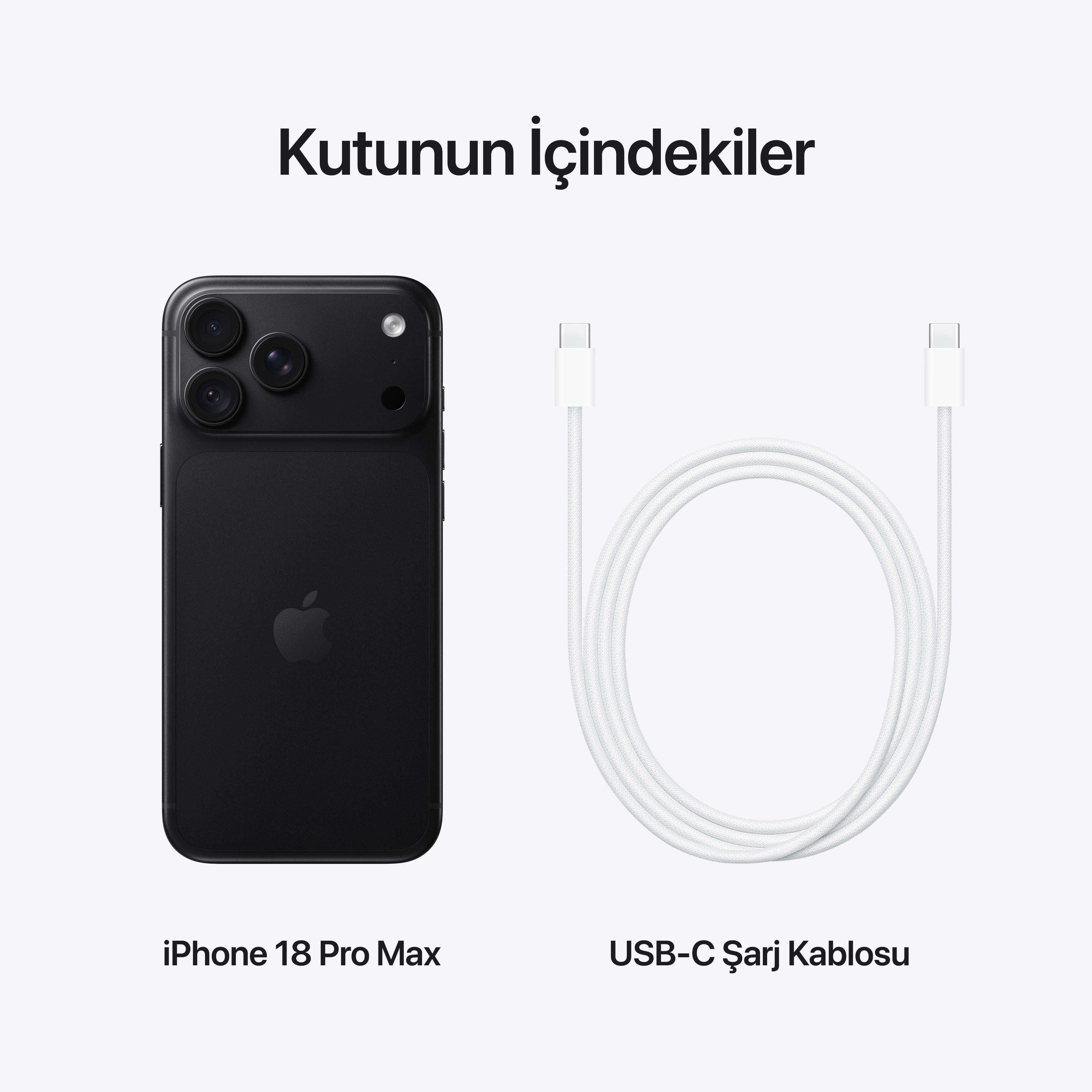Siyah bir iPhone 18 Pro Max ve beyaz bir USB-C şarj kablosu.