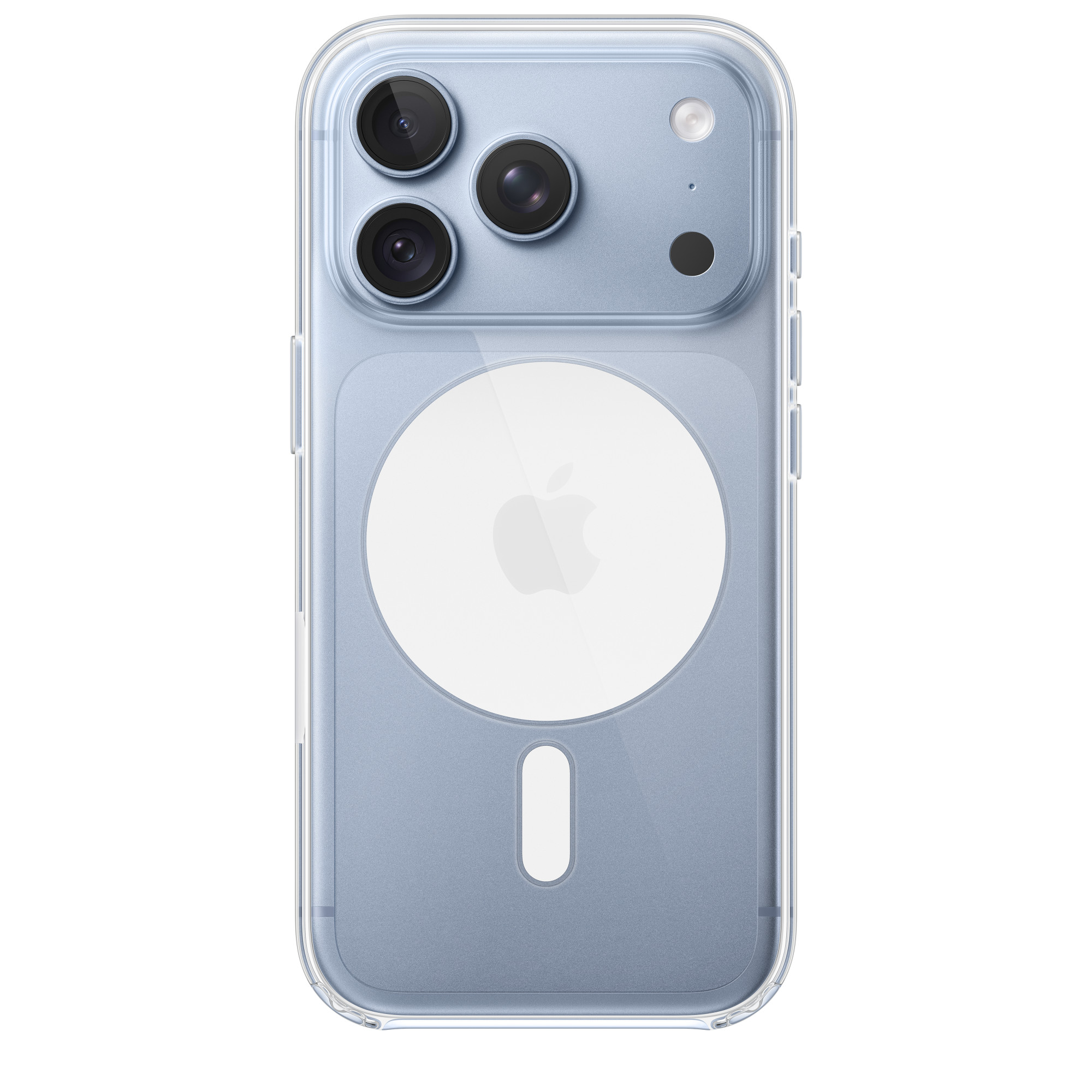 Tył niebieskiego smartfona w przezroczystym etui z trzema aparatami i okrągłym logo Apple.