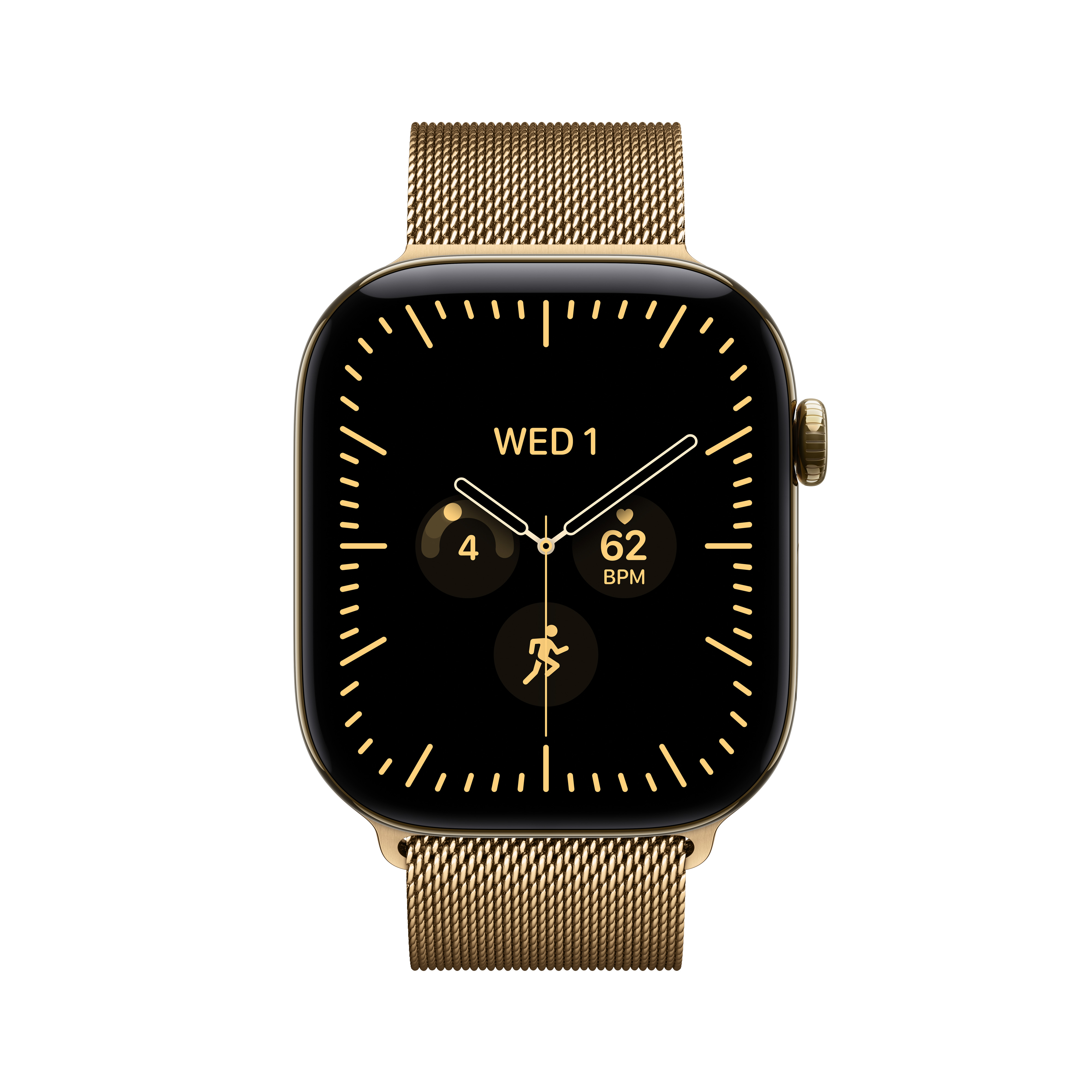 Eine goldene Smartwatch mit Milanaise-Armband und schwarzem Display auf weißem Hintergrund.