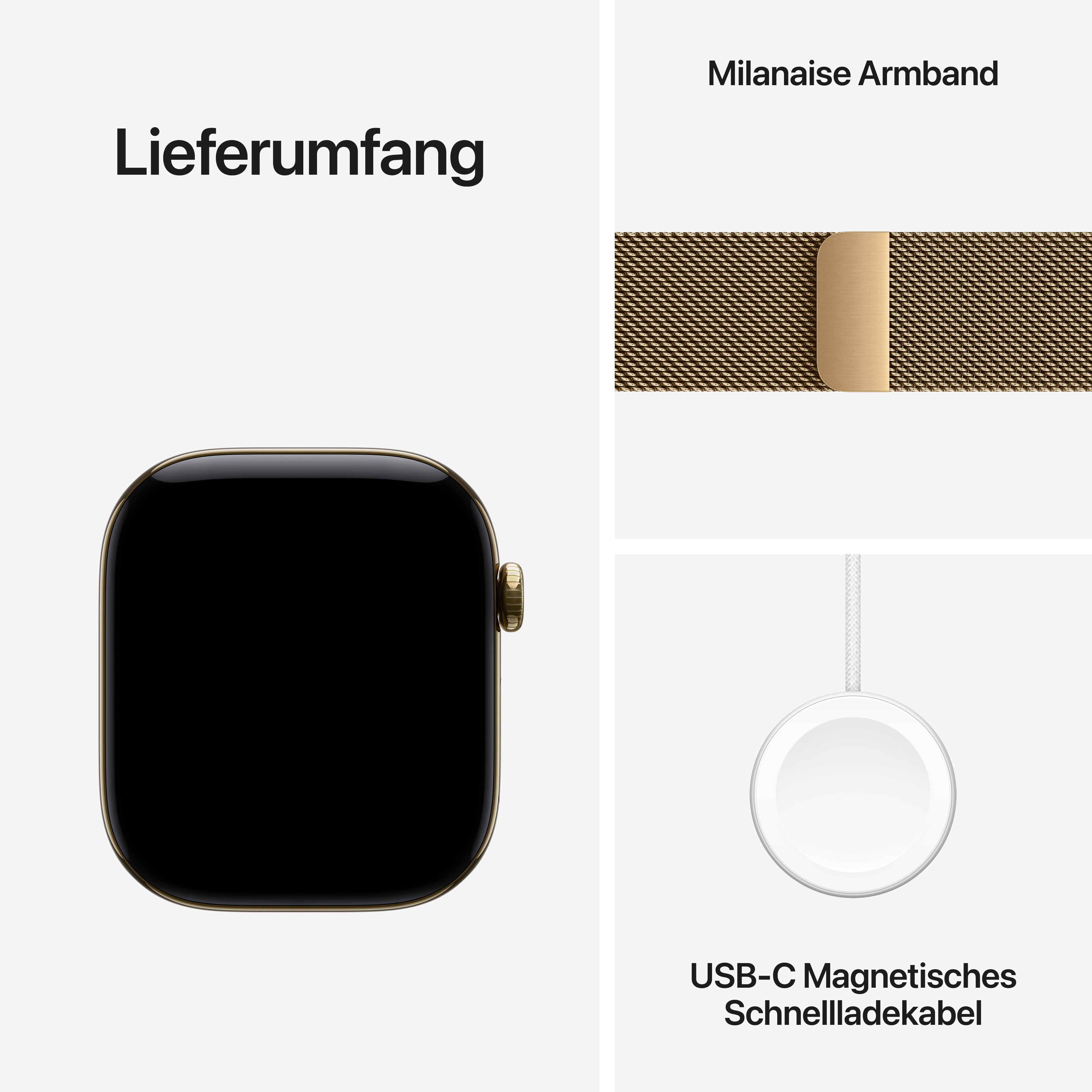 Lieferumfang: Goldene Smartwatch, Milanaise-Armband und magnetisches USB-C Schnellladekabel.