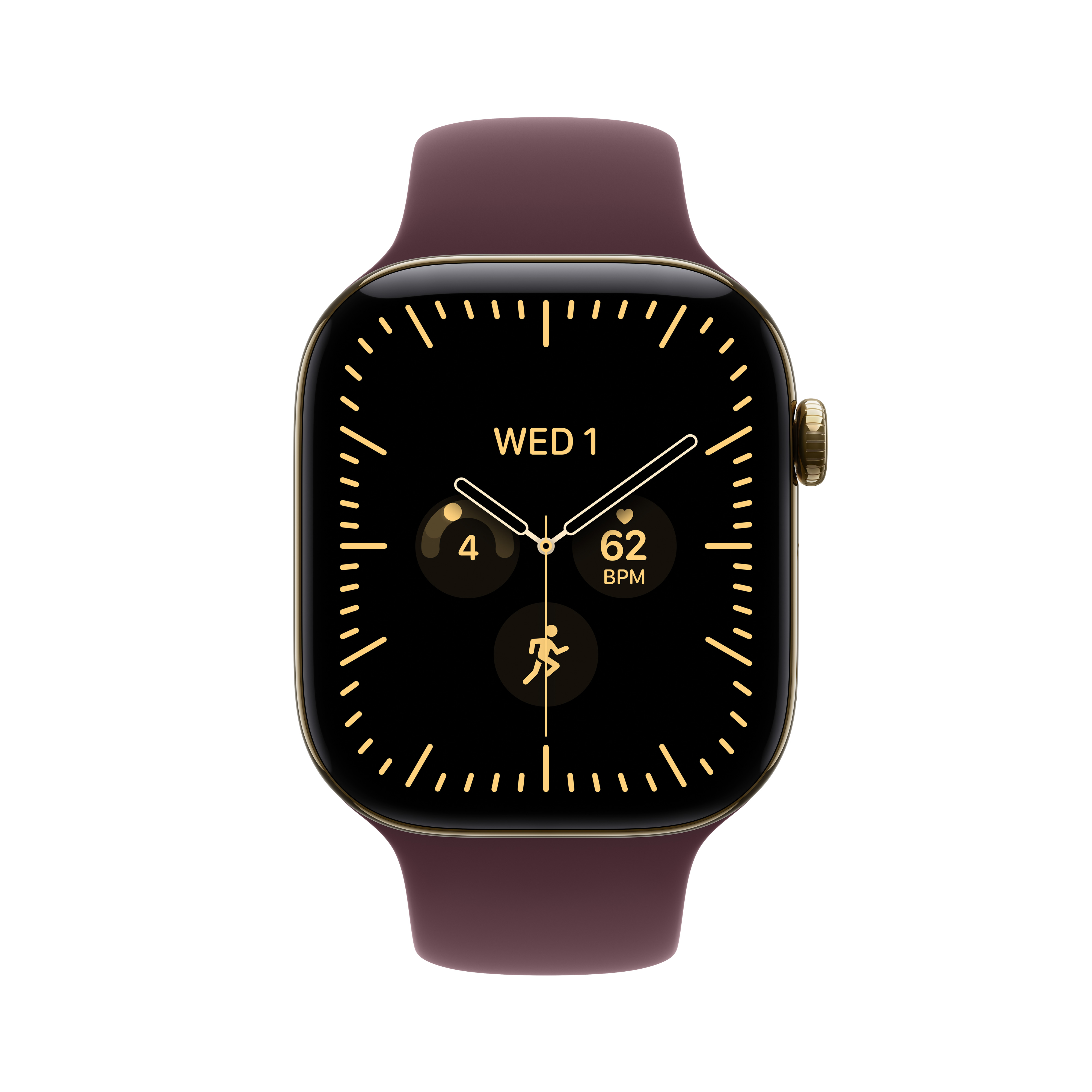 Eine smarte Uhr mit braunem Armband und schwarzem Display, das Zeiger und Fitnessdaten zeigt.