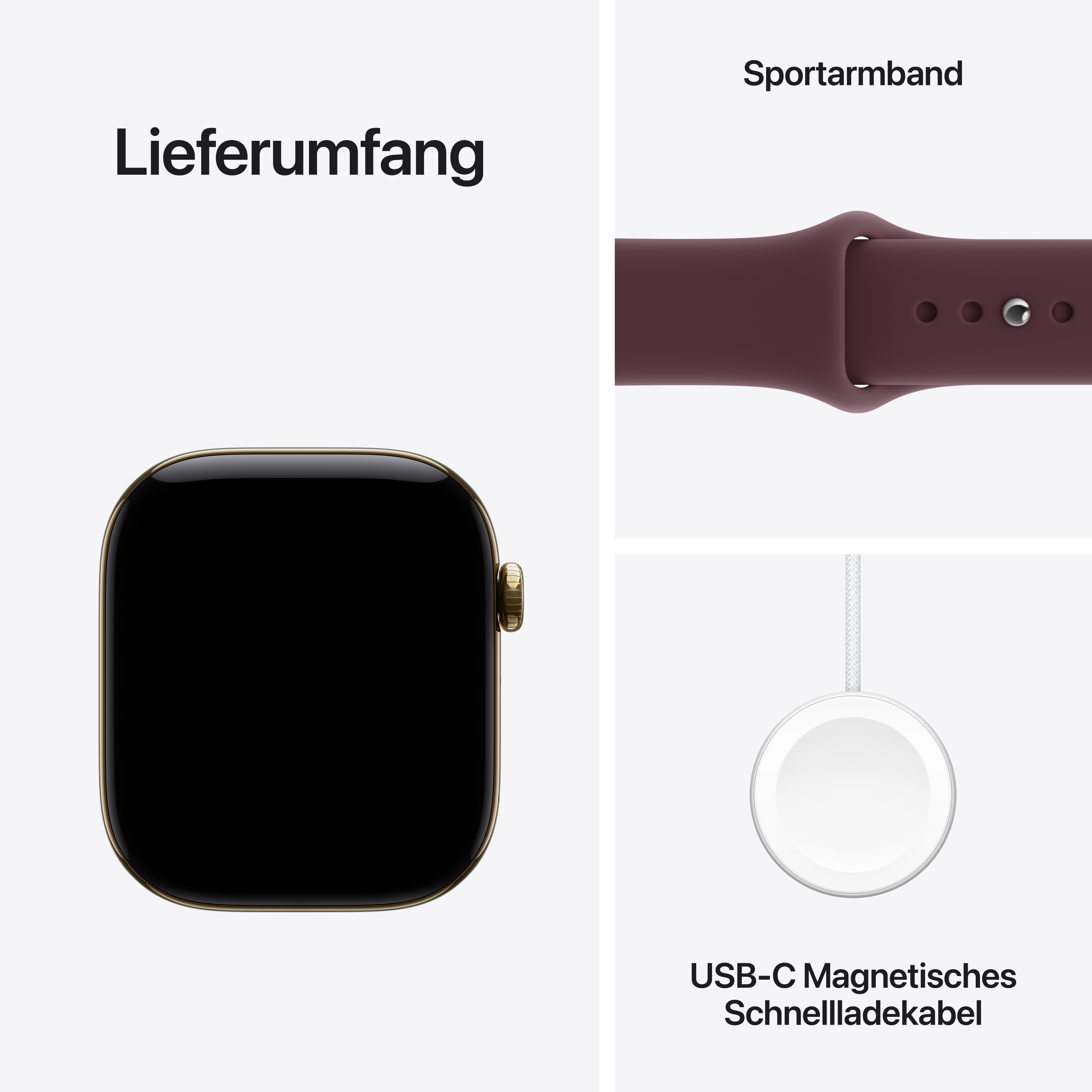 Lieferumfang einer Smartwatch mit Sportarmband und USB-C Magnetischem Schnellladekabel.