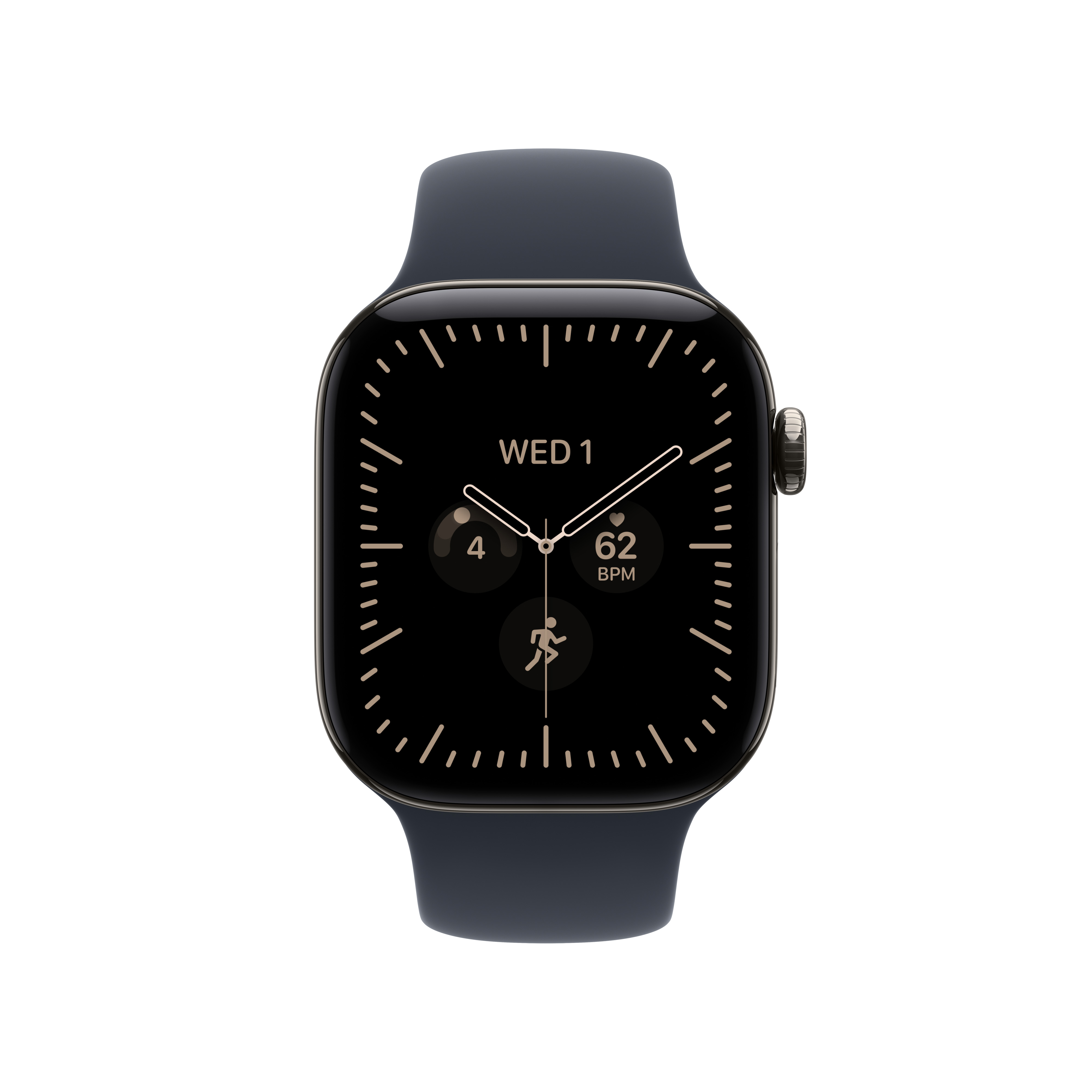Eine schwarze Smartwatch mit einem analogen Zifferblatt und Sport-Complications vor weißem Hintergrund.