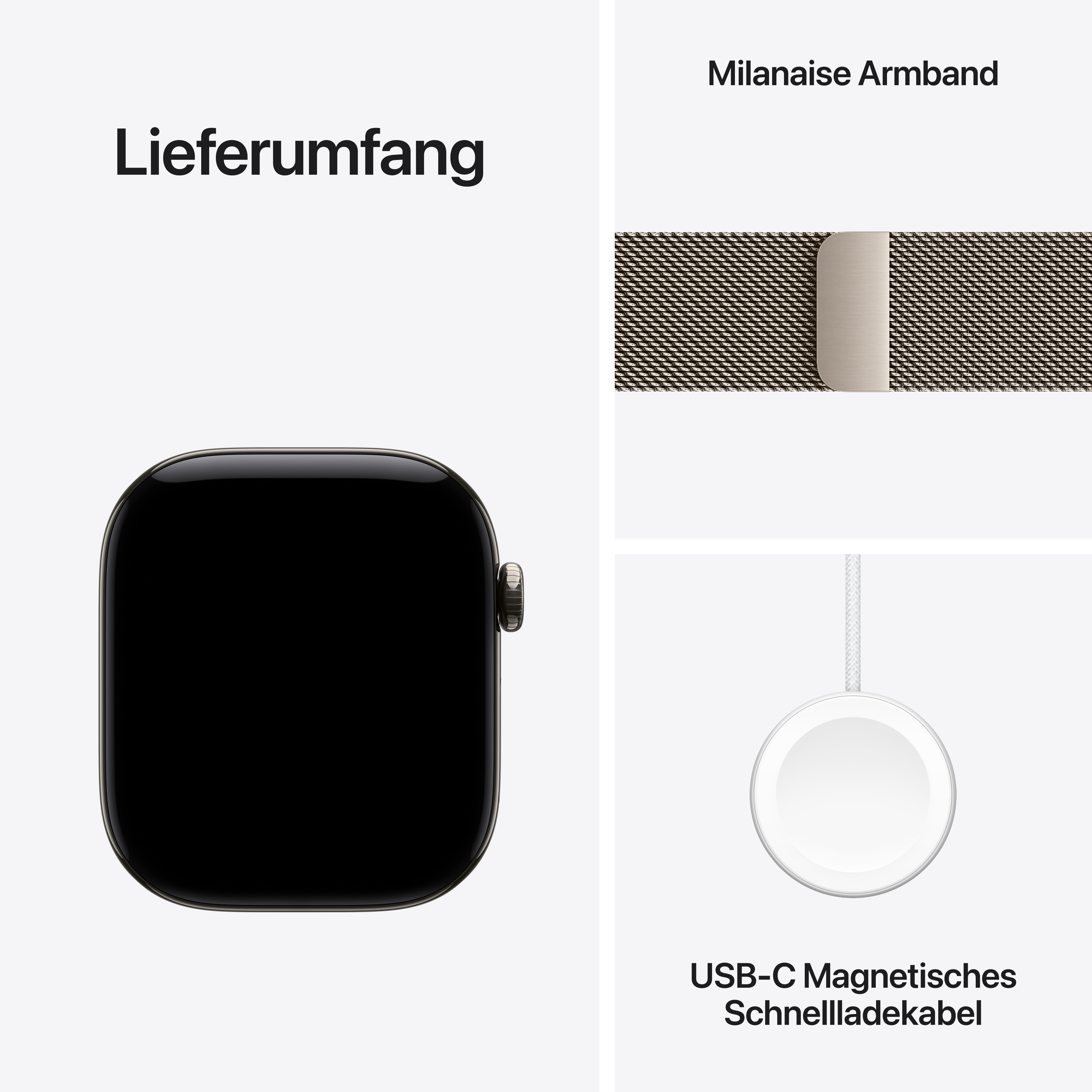 Contenuto della confezione con smartwatch, cinturino milanese e cavo di ricarica rapida magnetica USB-C.