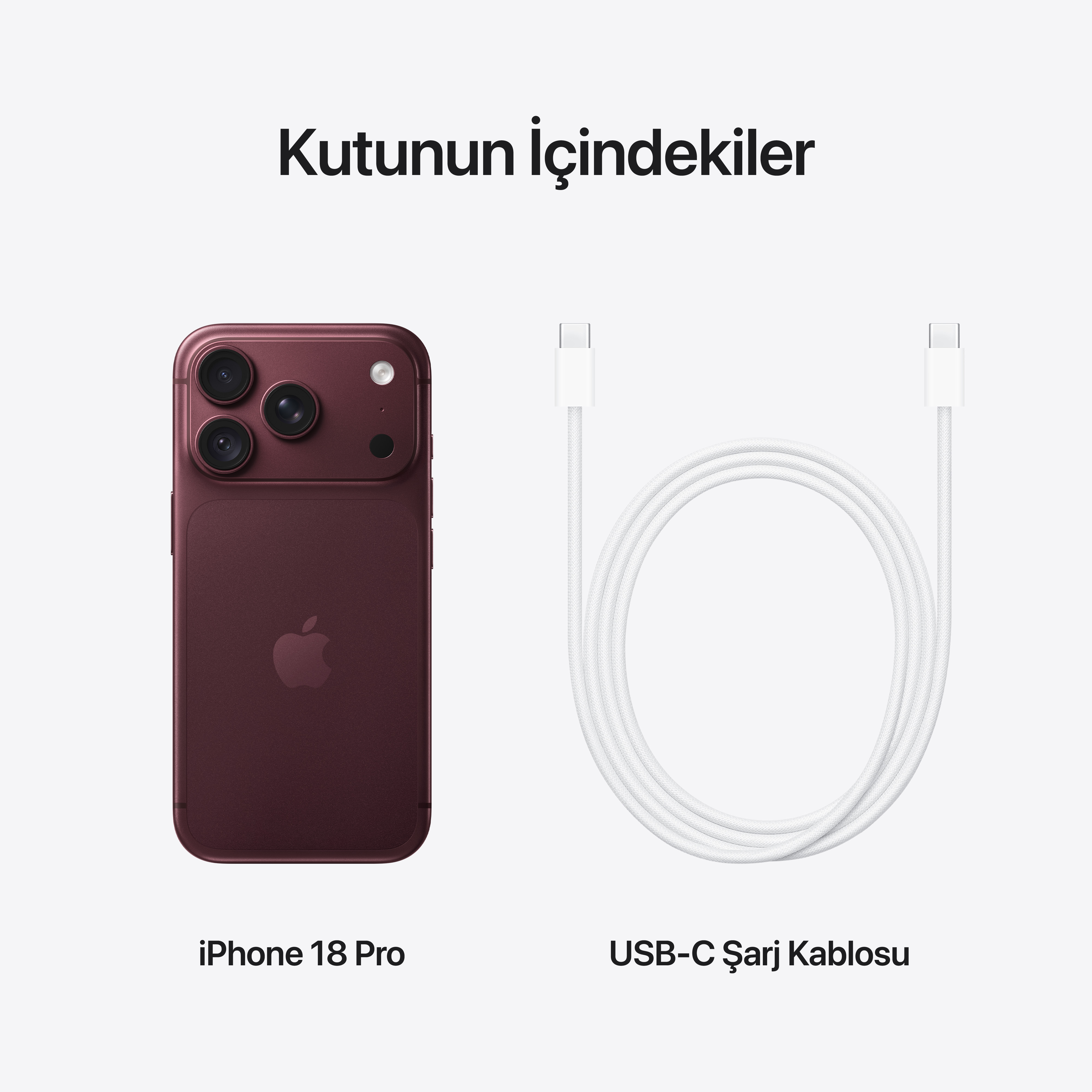 Açık arka planda koyu kırmızı bir iPhone 18 Pro ve beyaz bir USB-C şarj kablosu.
