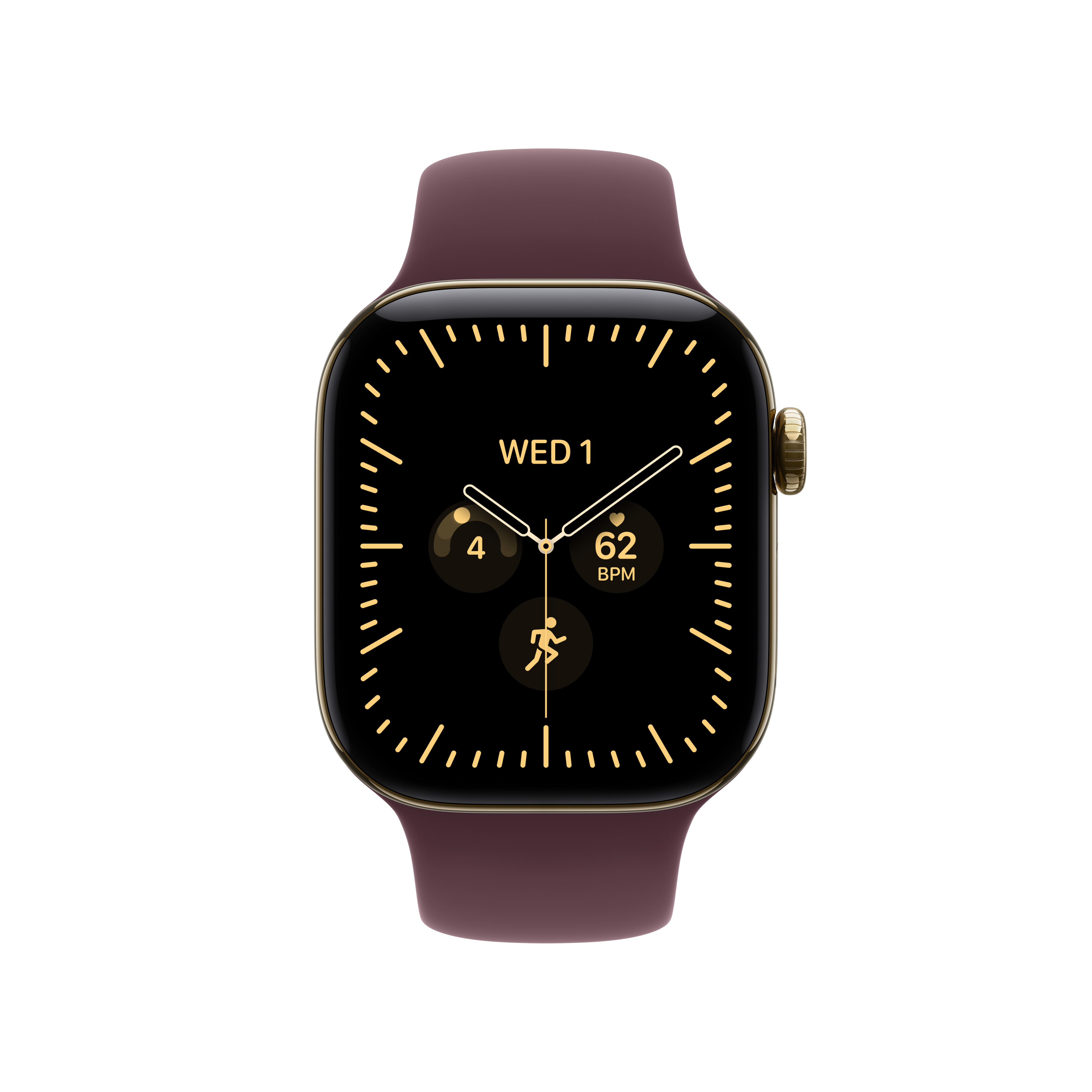 Eine goldene Smartwatch mit dunkelrotem Armband und schwarzem Display zeigt Datum und Fitnessdaten an.