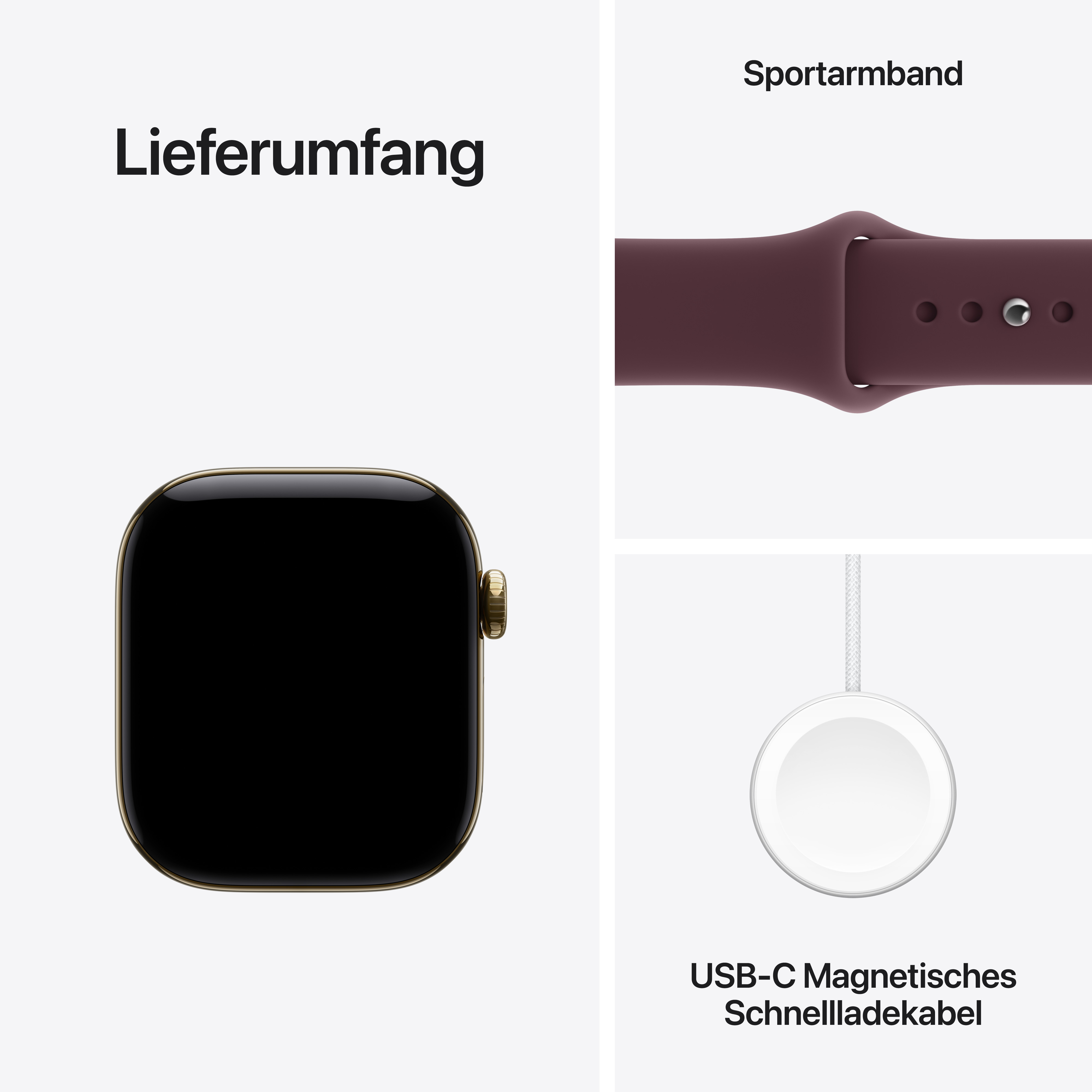 Lieferumfang: Goldene Smartwatch, dunkles Sportarmband und ein USB-C-Magnetisches Schnellladekabel.