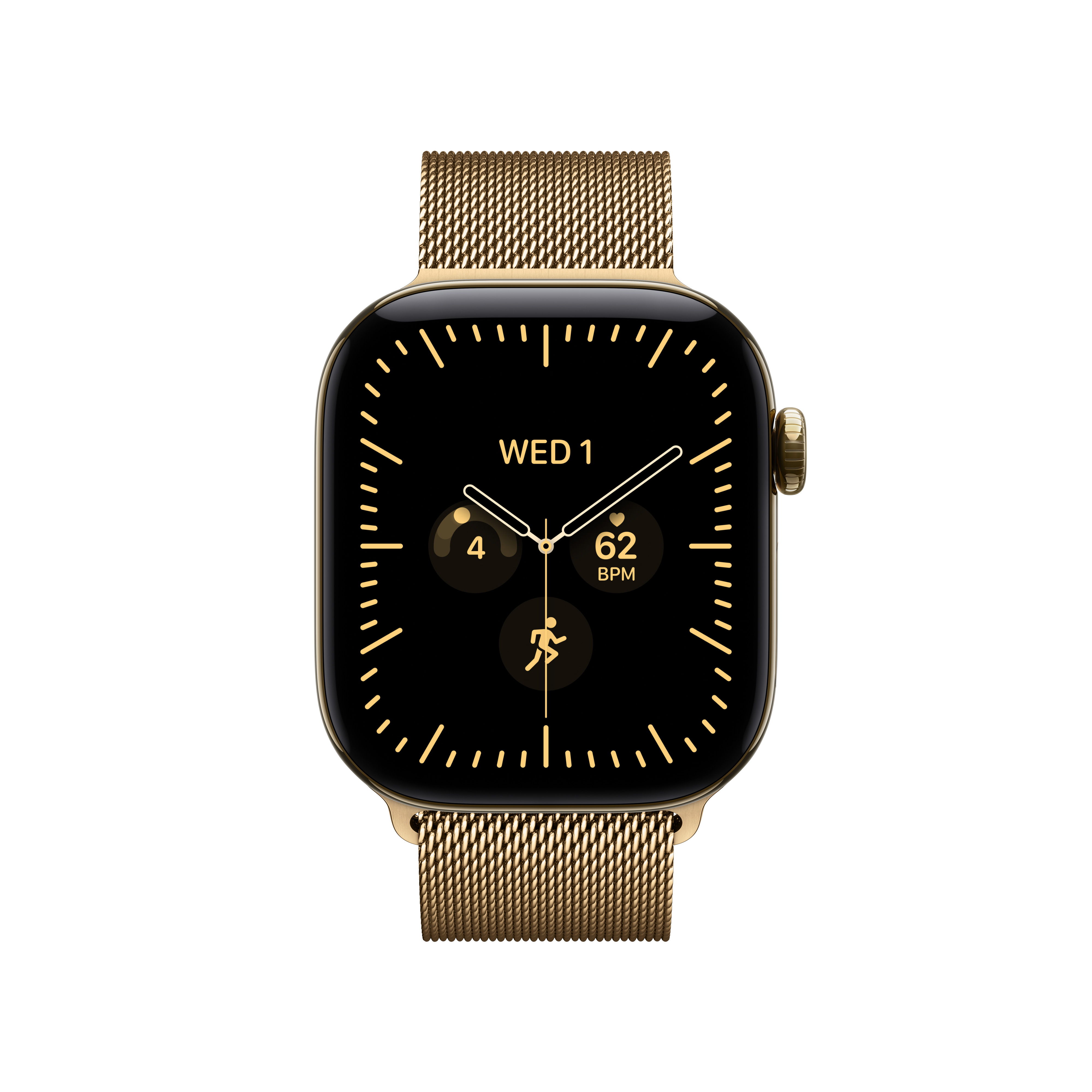 Eine goldene Smartwatch mit Milanaise-Armband und schwarzem Zifferblatt zeigt Mittwoch, den 1., und Herzfrequenz.