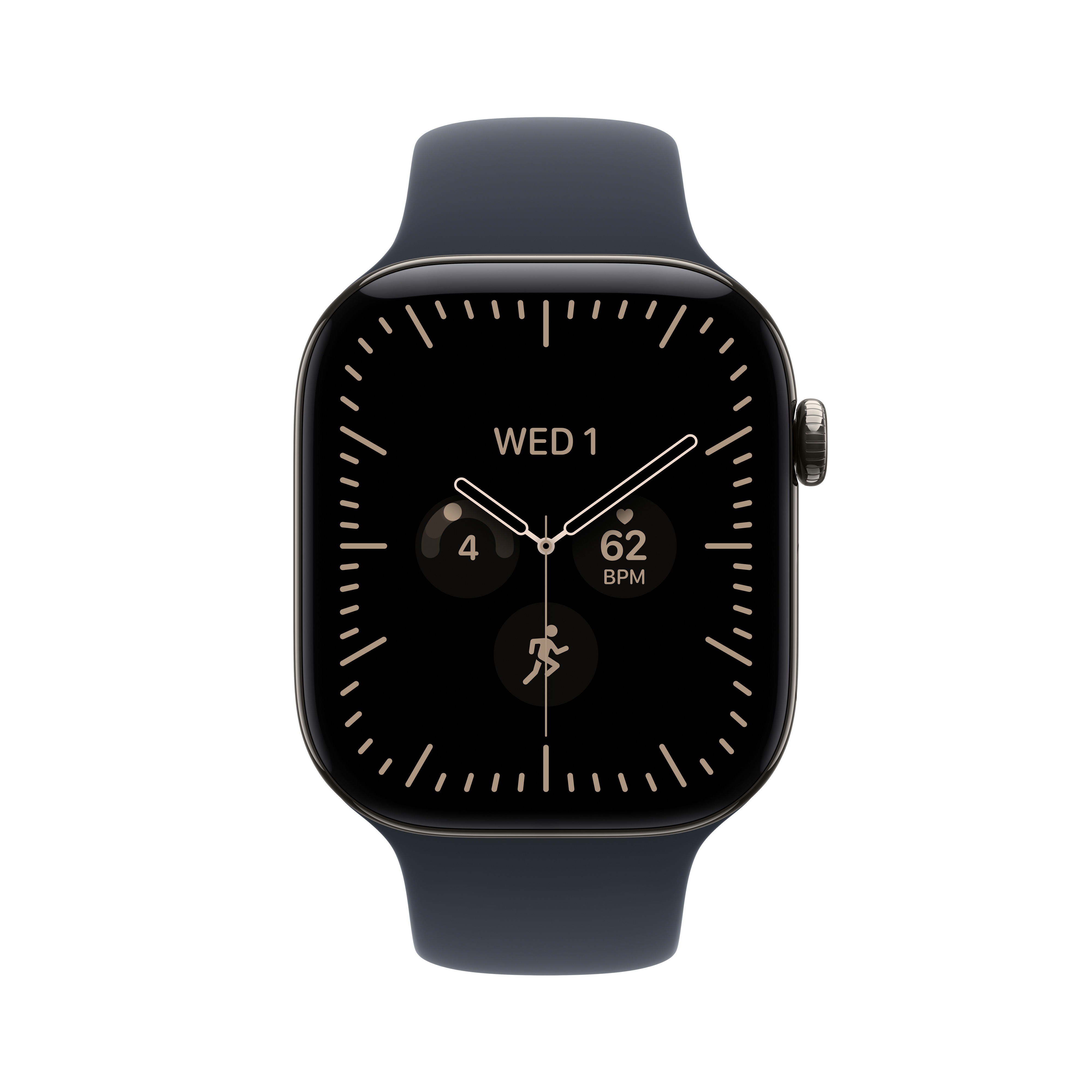 Une montre connectée noire avec un bracelet sombre et un cadran numérique affiche des données de fitness.