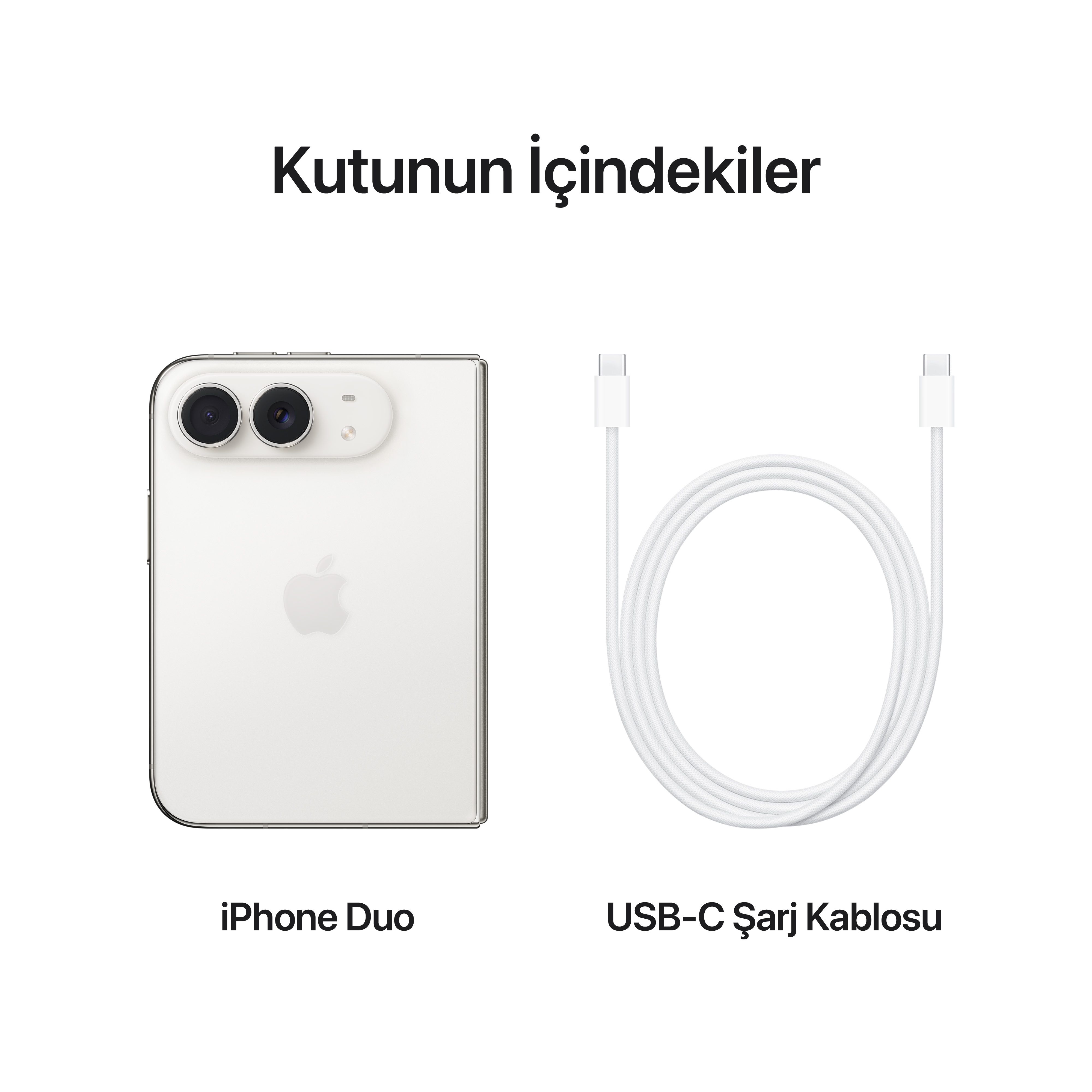 Kutunun İçindekiler: Açık arka planda bir iPhone Duo ve beyaz bir USB-C şarj kablosu.