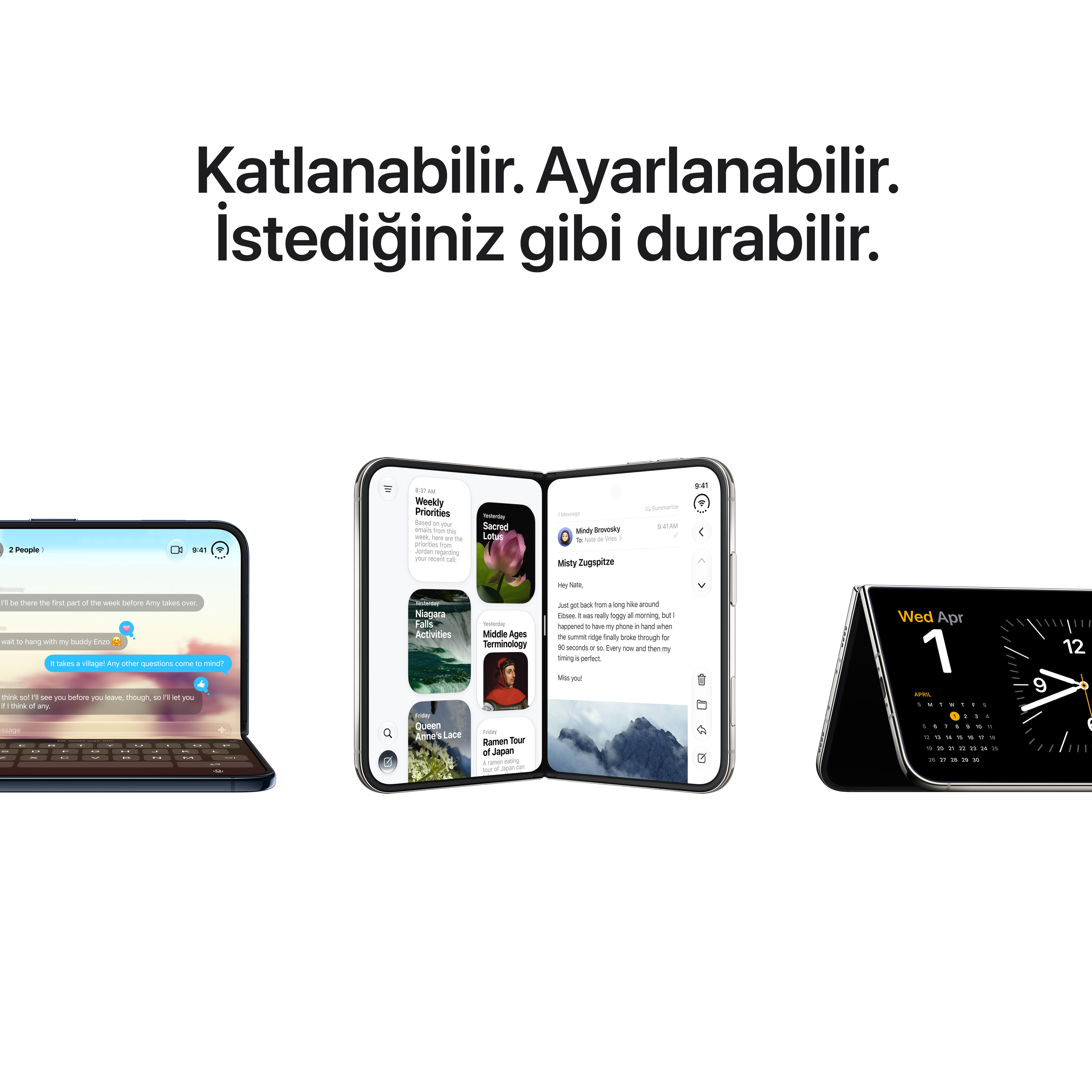 Türkçe tanıtım metni ile katlanabilir akıllı telefonun üç farklı görünümü.