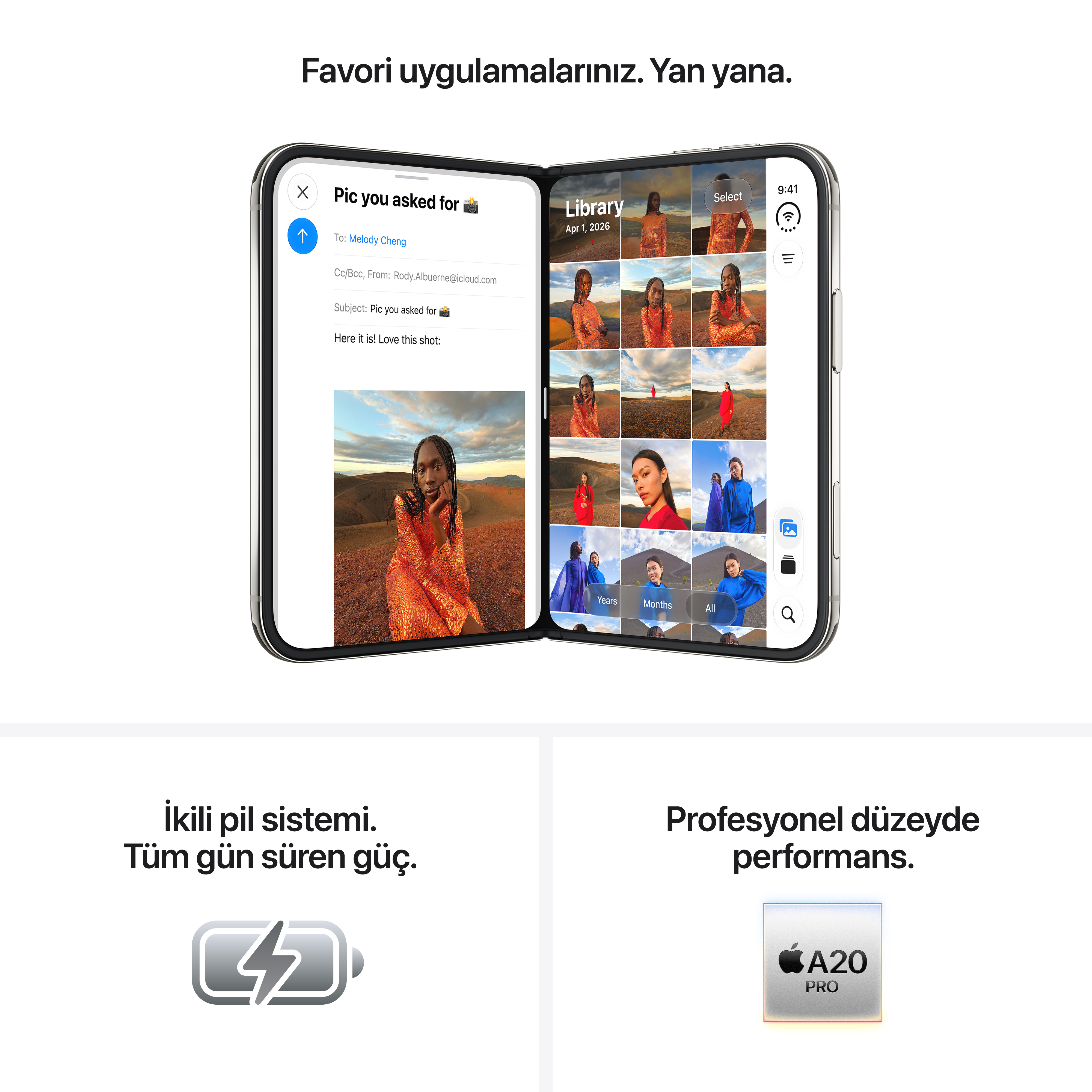 Katlanabilir bir akıllı telefon sol ekranda e-posta, sağ ekranda fotoğraf galerisi gösterir.