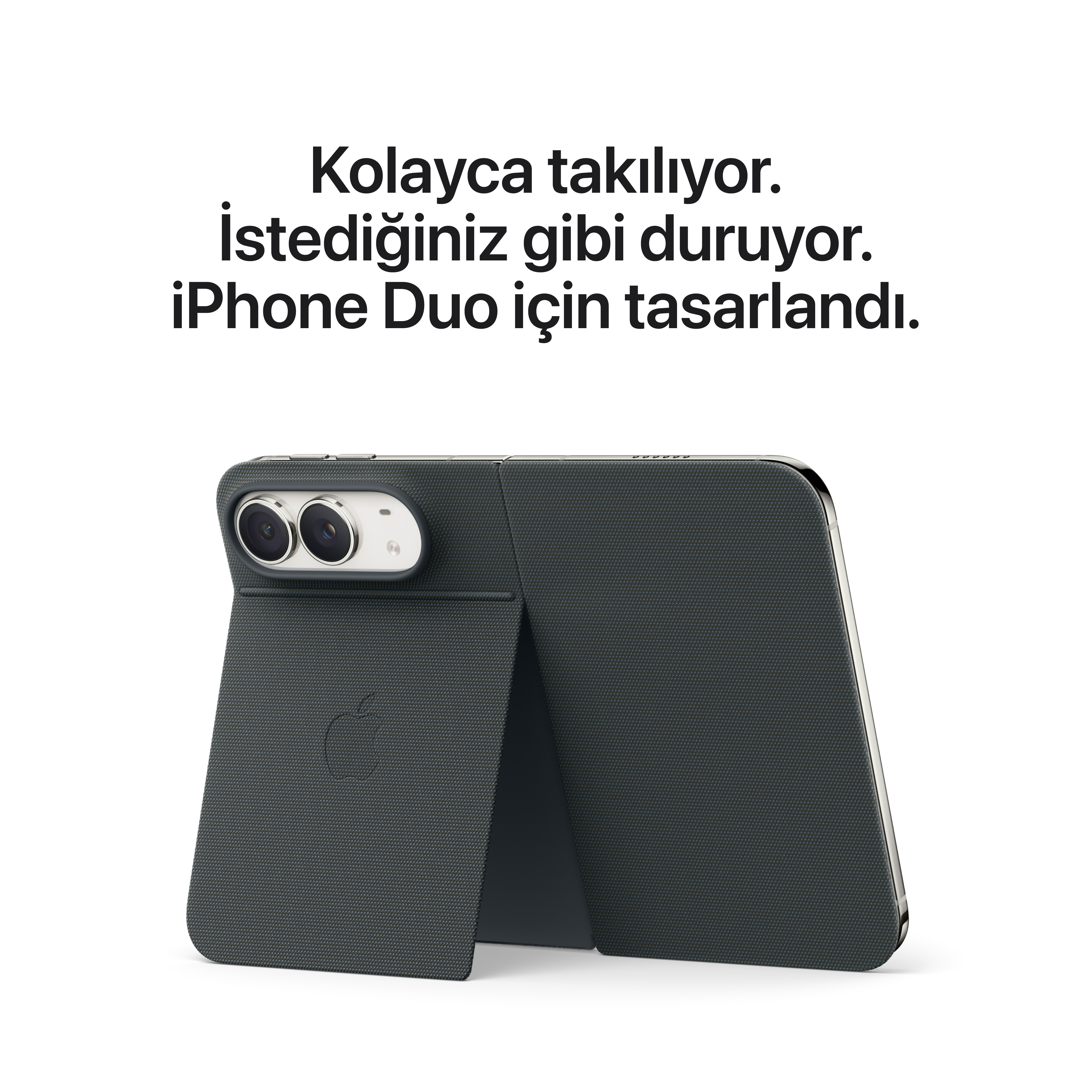 Beyaz arkaplanda, entegre standlı siyah dokulu iPhone kılıfı.
