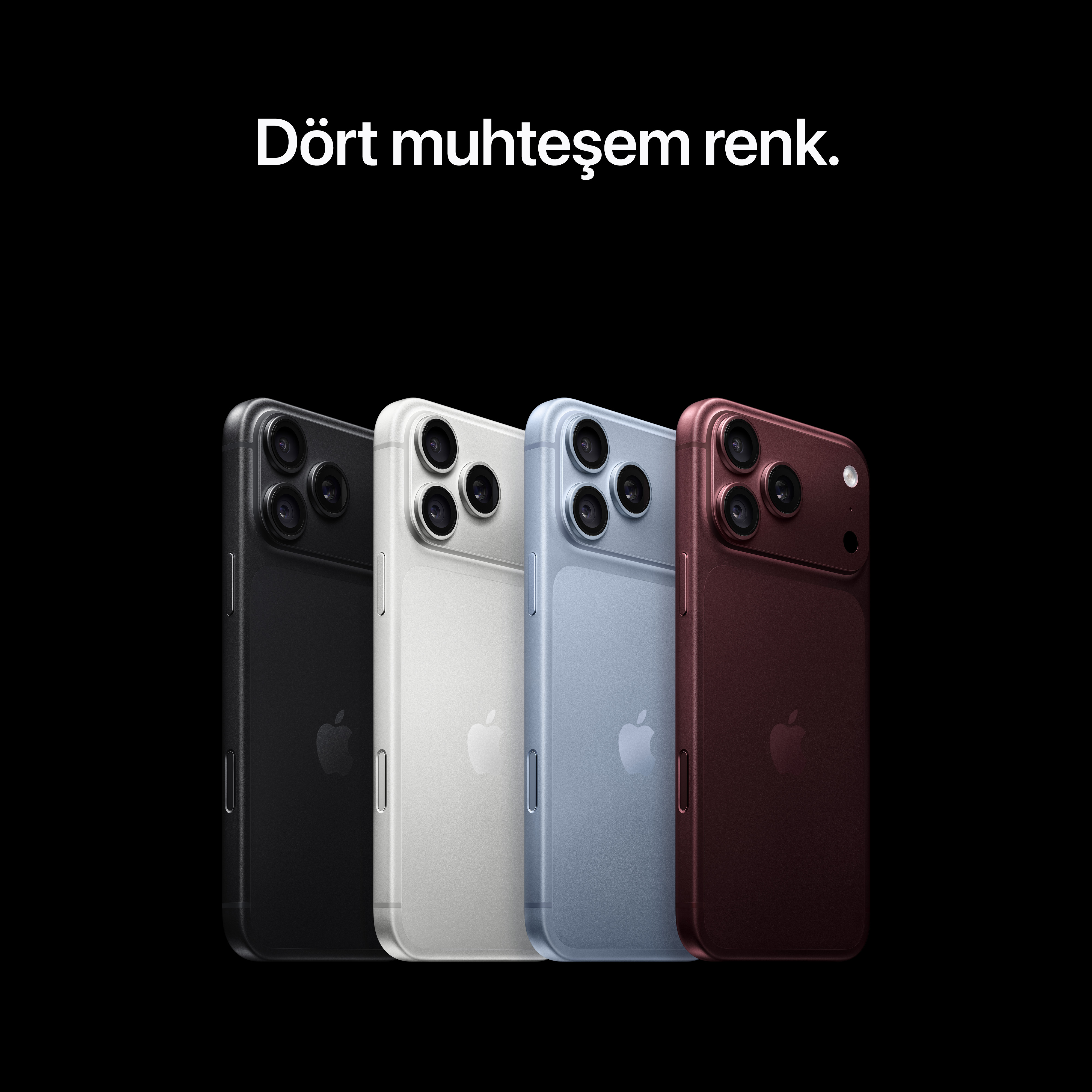 Siyah arka planda Türkçe metinle siyah, gümüş, mavi ve kırmızı renkli dört iPhone.