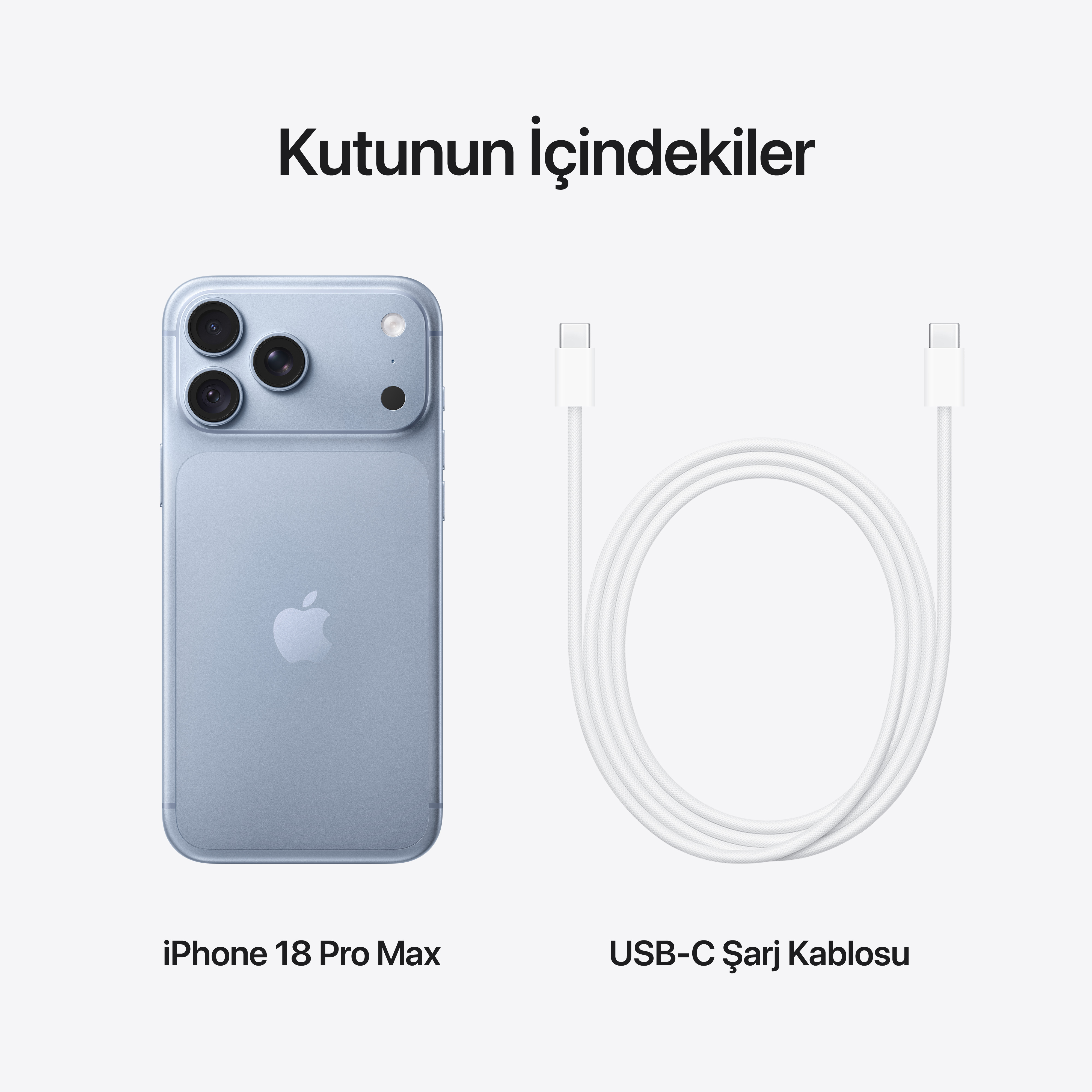 Açık arka planda mavi iPhone 18 Pro Max ve beyaz USB-C şarj kablosu.