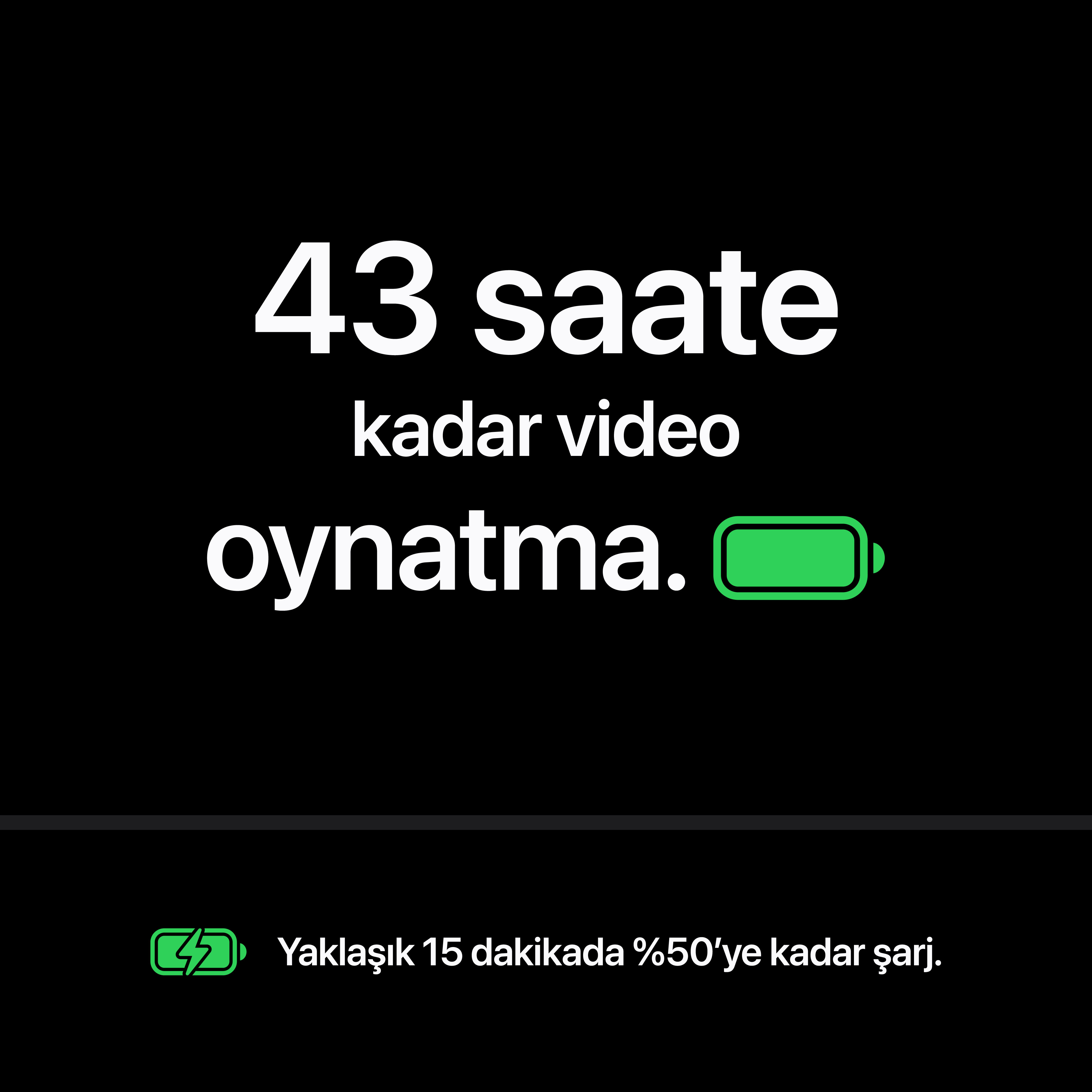 43 saate kadar video oynatma yazısı ve yeşil pil simgesi içeren siyah arka plan.