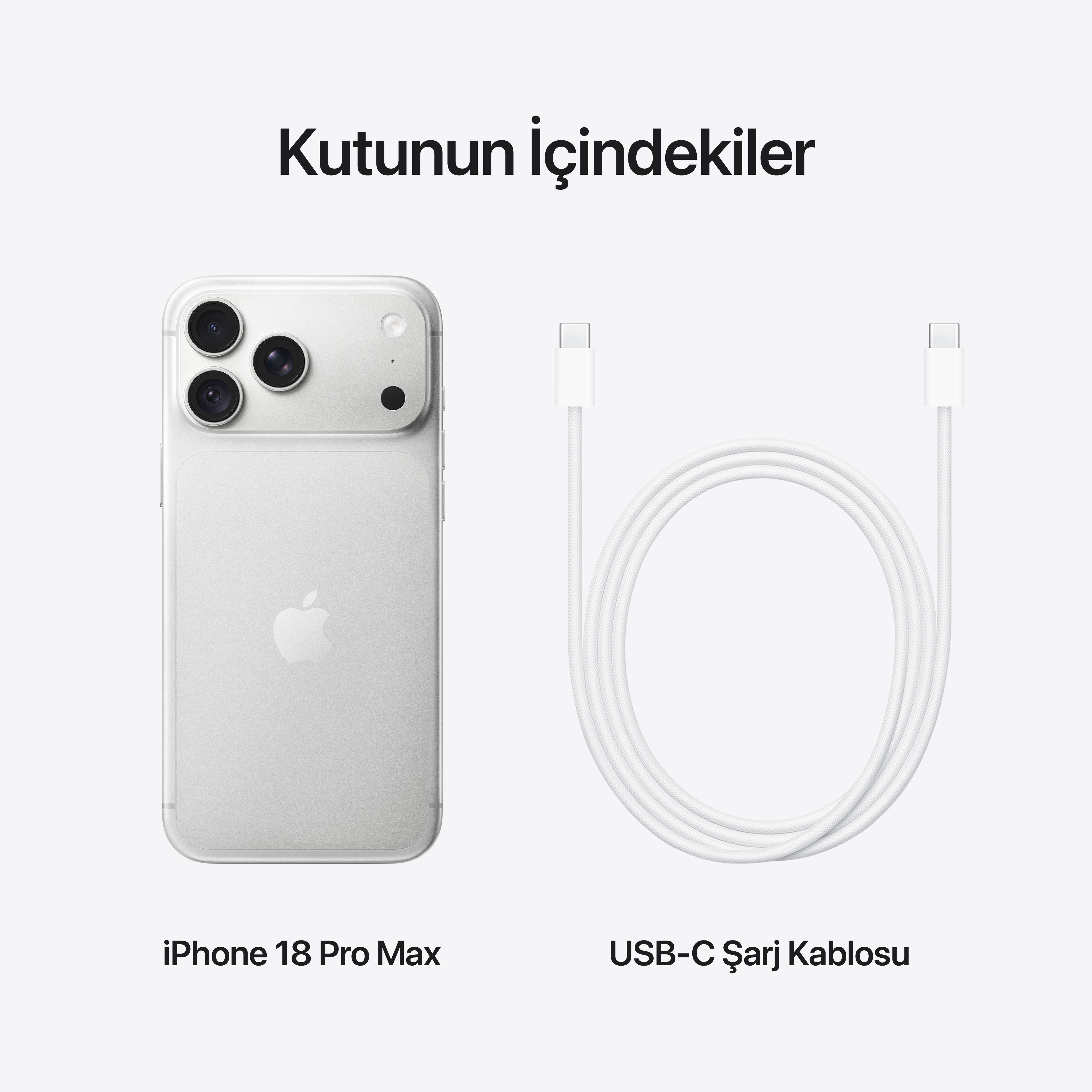 Açık arkaplan üzerinde gümüş renkli iPhone 18 Pro Max ve USB-C şarj kablosu içeren kutu içeriği.