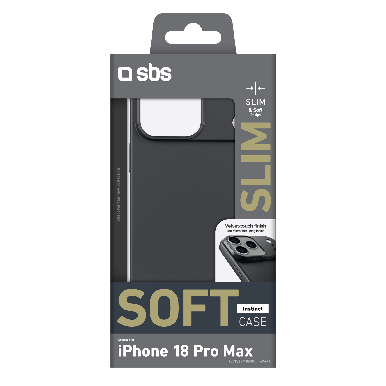Graue SBS Soft-Hülle für das iPhone 18 Pro Max in Produktverpackung.