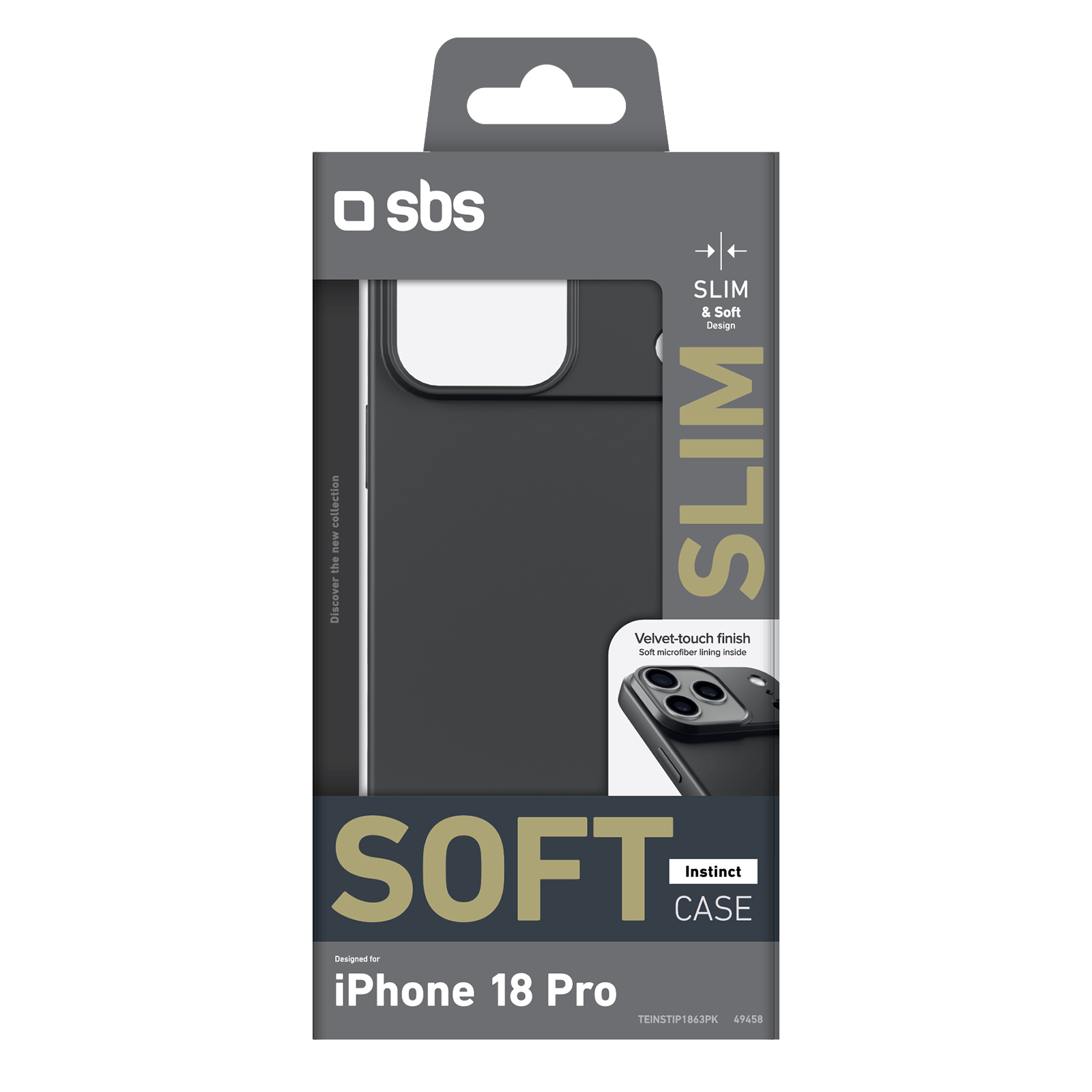 Verpackung für eine dunkle SBS Soft Case für iPhone 18 Pro mit schlankem Design und samtartiger Oberfläche.