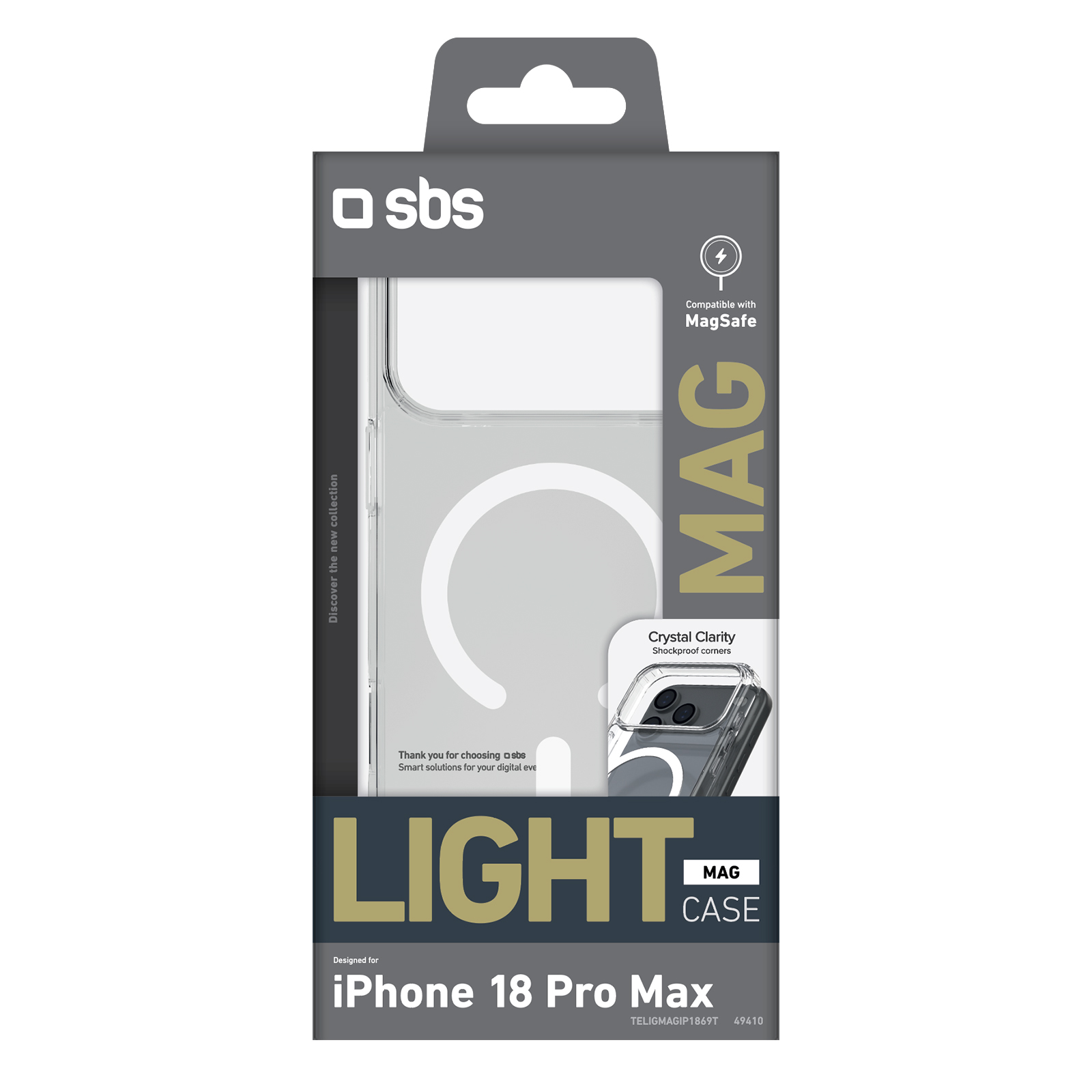 Verpackung einer transparenten MagSafe-Handyhülle für das iPhone 18 Pro Max mit SBS-Logo.