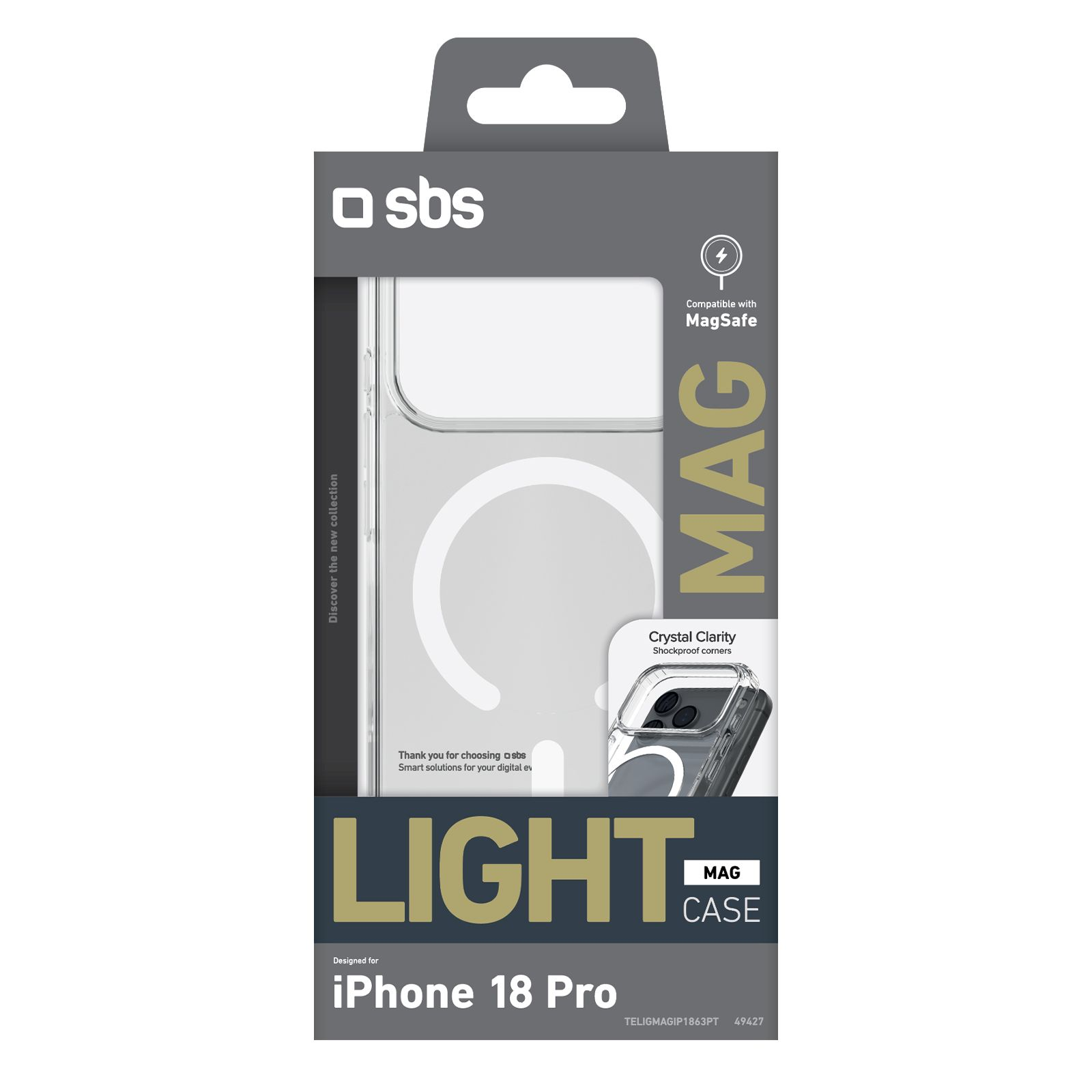 Graue SBS LIGHT MAG Case Verpackung für iPhone 18 Pro mit transparentem Cover.
