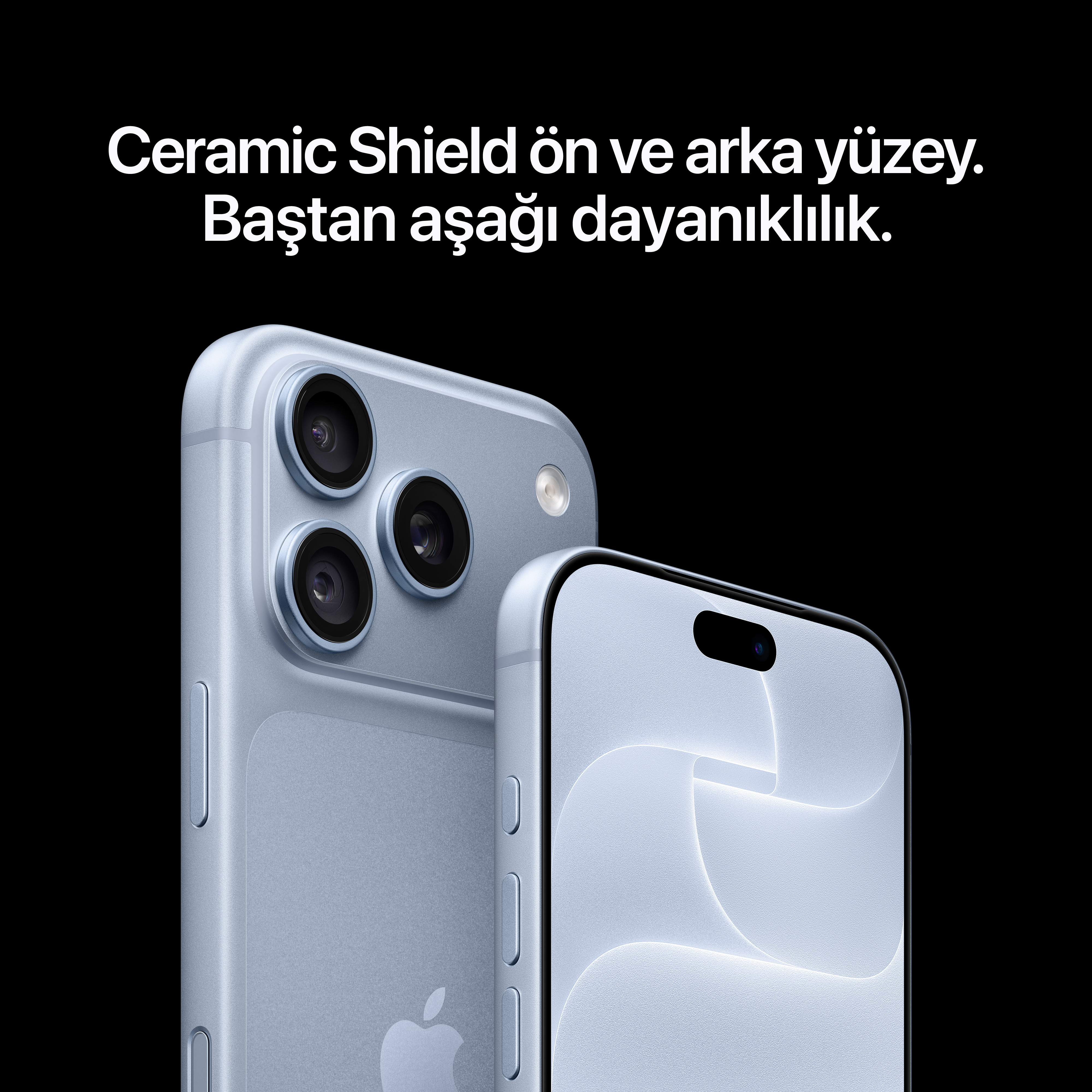 Siyah arka plan üzerinde Türkçe reklam metniyle birlikte iki açık mavi akıllı telefon.
