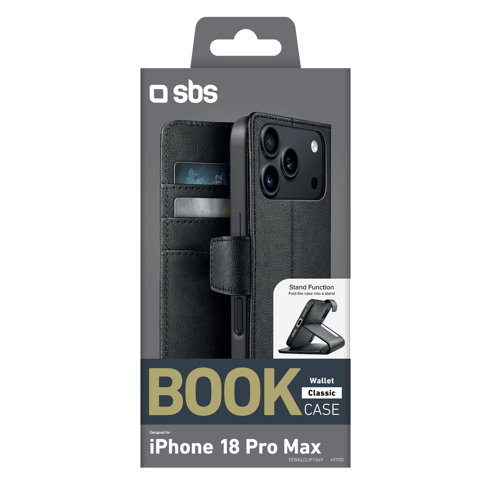 Verpackung für eine schwarze SBS Book Wallet Hülle für das iPhone 18 Pro Max mit Standfunktion.