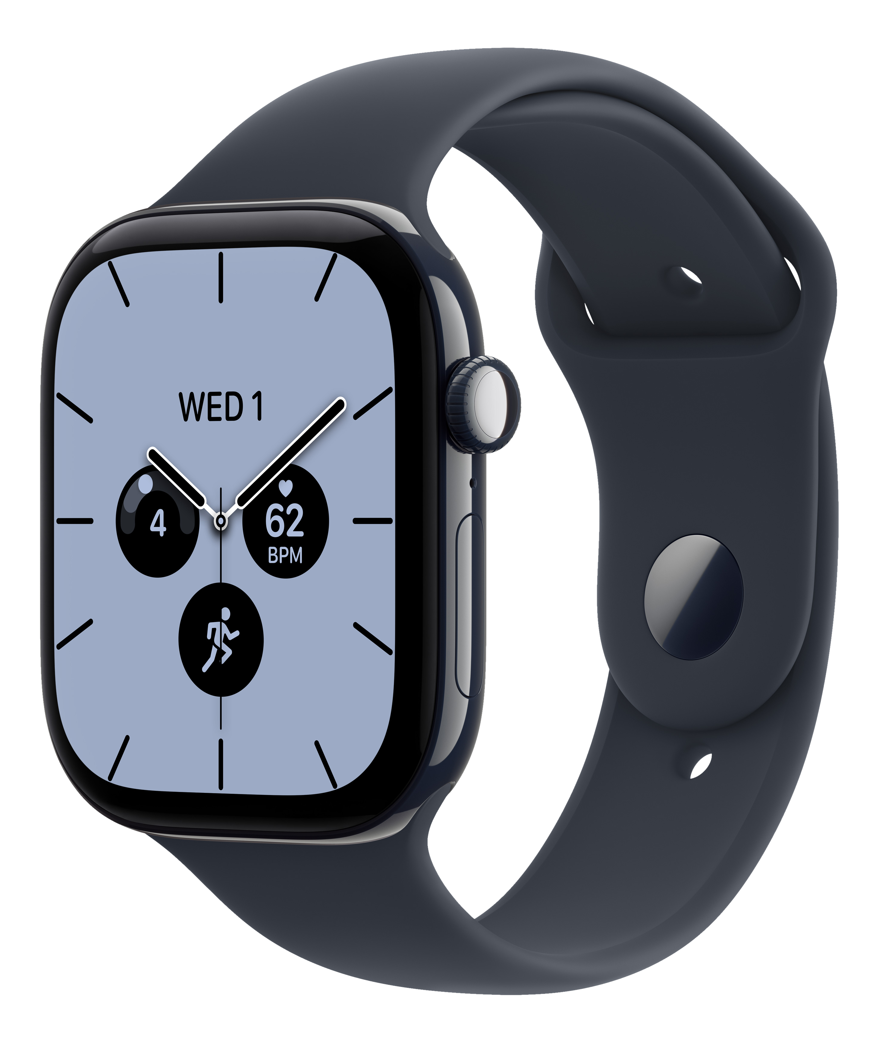 Eine schwarze Smartwatch mit dunklem Silikonarmband zeigt ein Zifferblatt mit Herzfrequenz und Fitness-Daten auf schwarzem Grund.