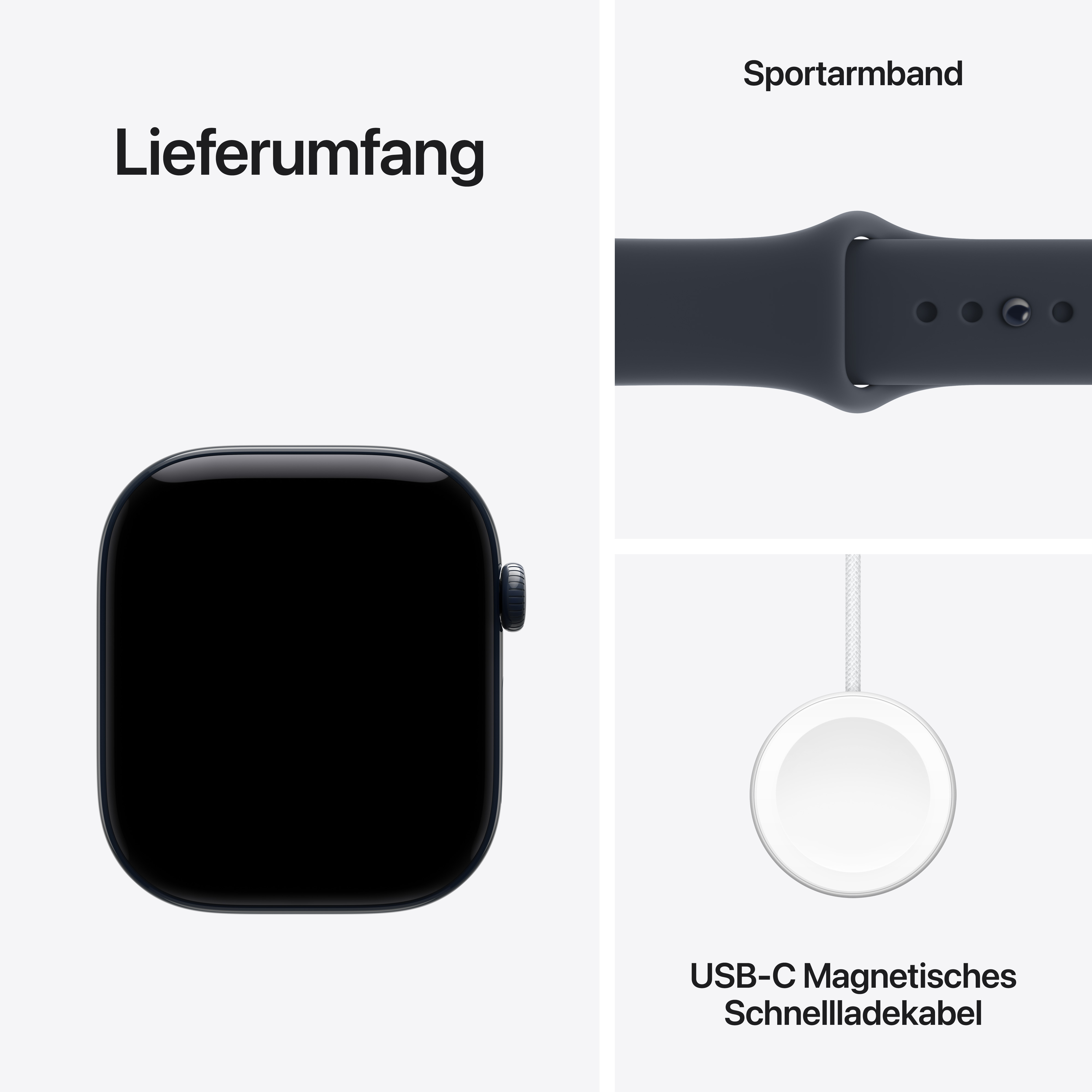 Lieferumfang: Smartwatch Gehäuse, Sportarmband und USB-C Magnetisches Schnellladekabel auf hellem Hintergrund.