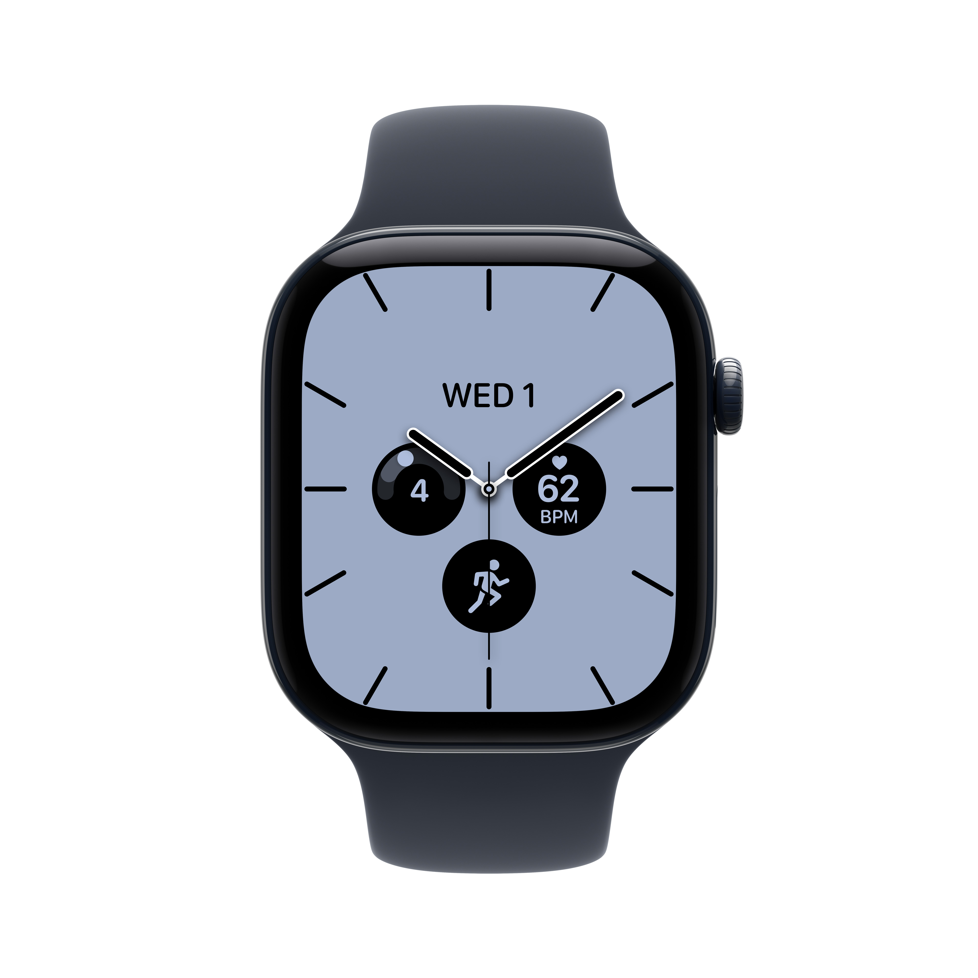Eine schwarze Smartwatch mit grauem Zifferblatt, weißen Zeigern und Fitness-Complications auf weißem Hintergrund.