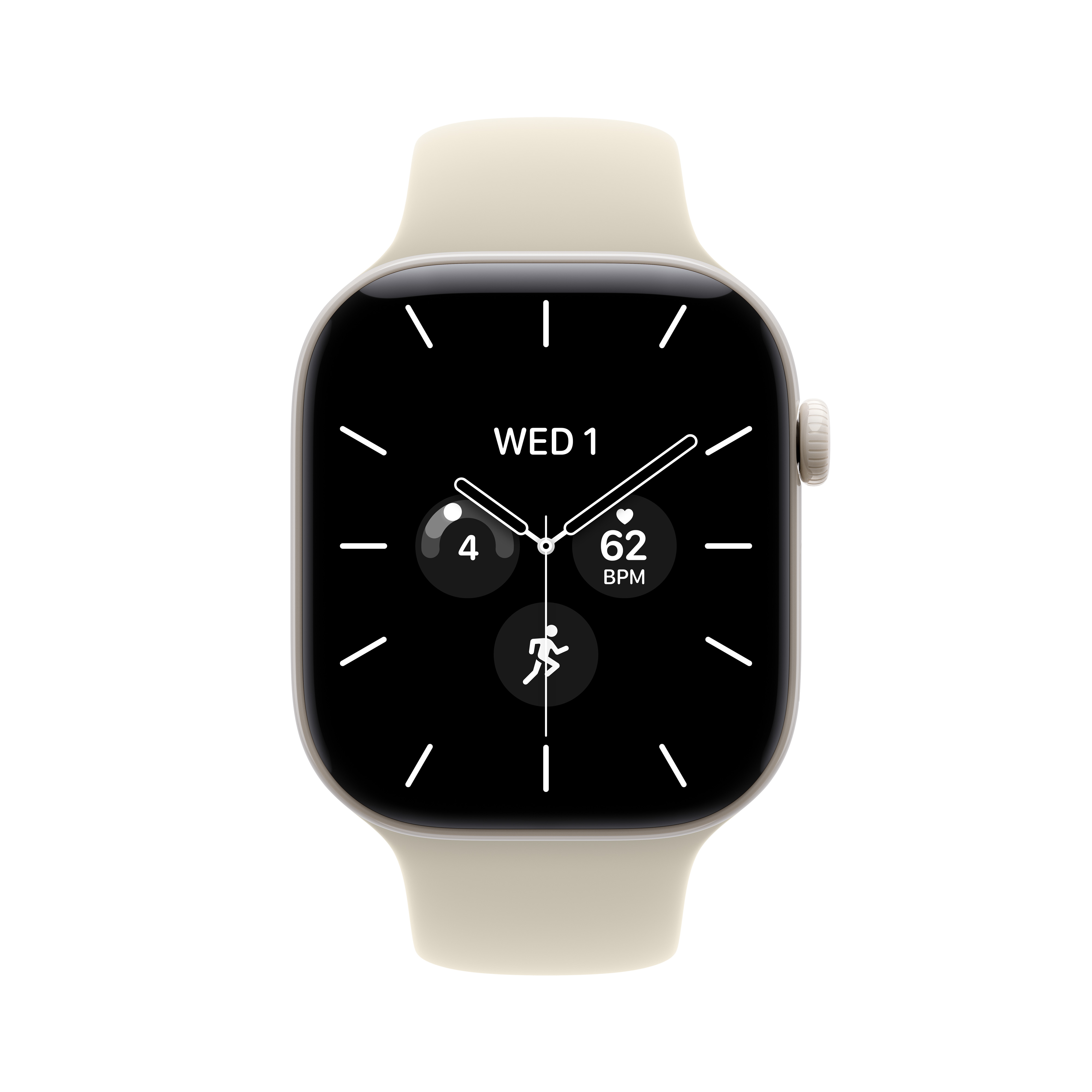 Eine beige Smartwatch mit schwarzem Zifferblatt, das Zeit, Datum, Herzfrequenz und Aktivitätssymbole anzeigt.