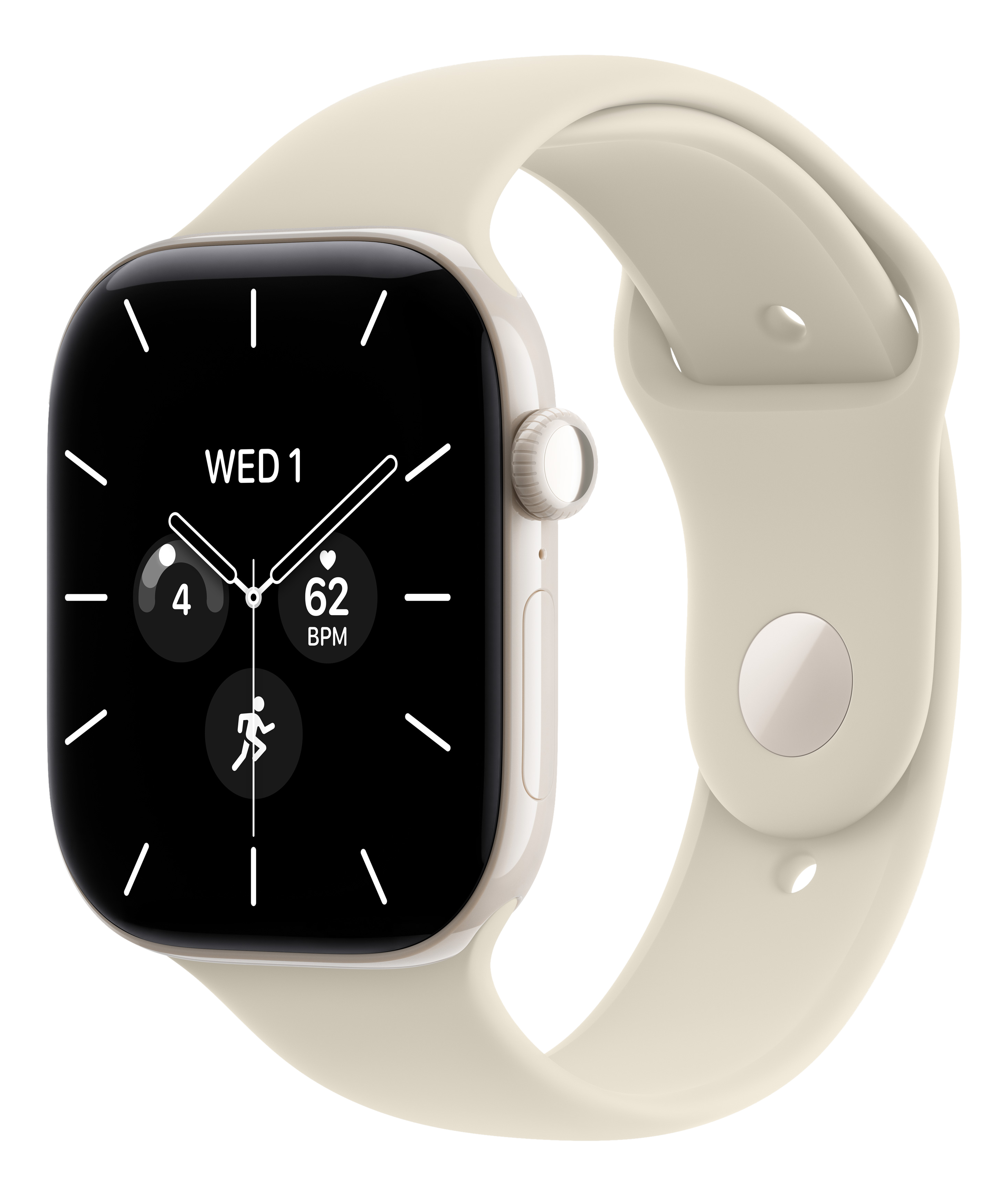 Eine cremeweiße Smartwatch mit schwarzem Zifferblatt, auf dem 'WED 1', eine Herzfrequenz von 62 BPM und Fitness-Symbole zu sehen sind.
