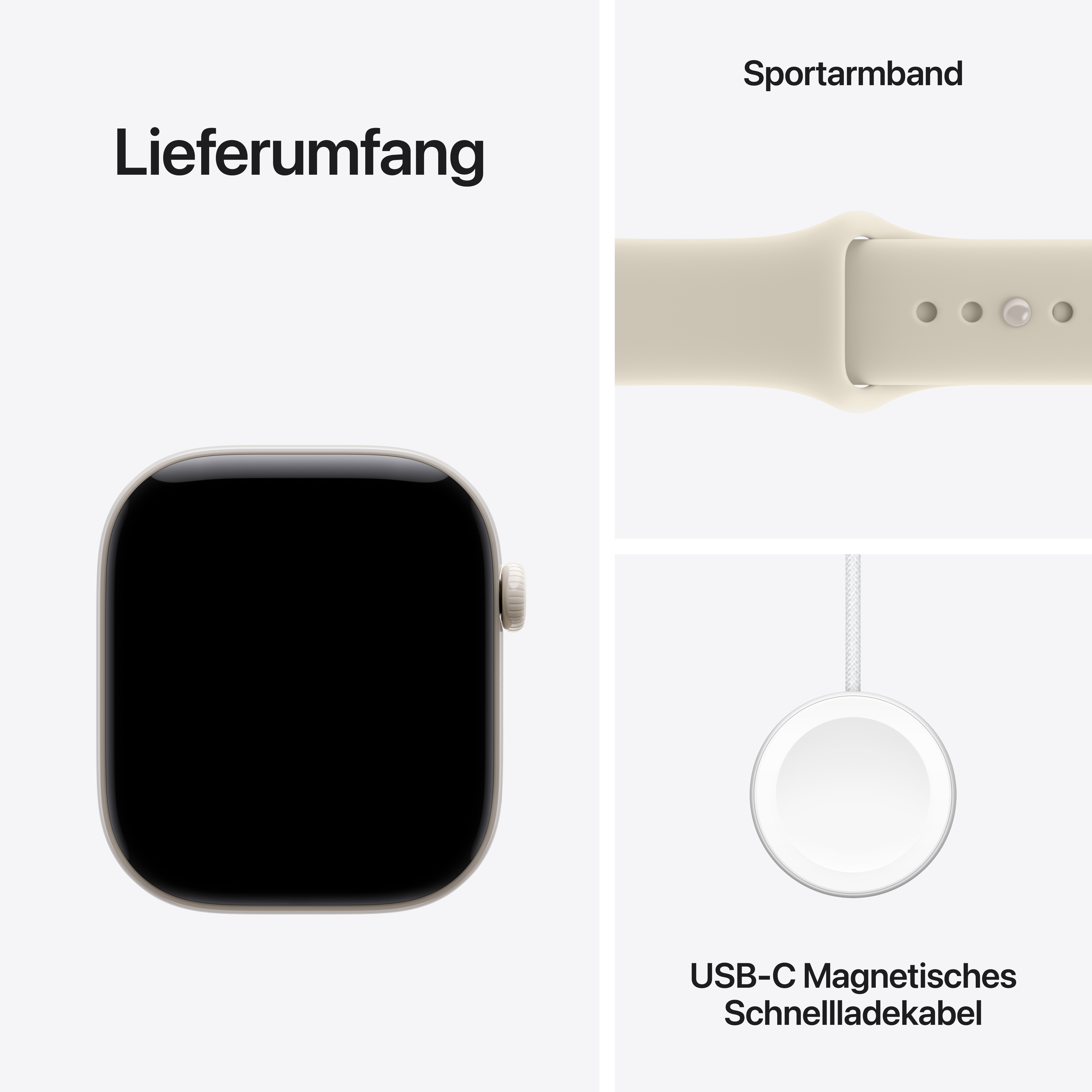 Lieferumfang: Smartwatch, Sportarmband und USB-C Magnetisches Schnellladekabel.