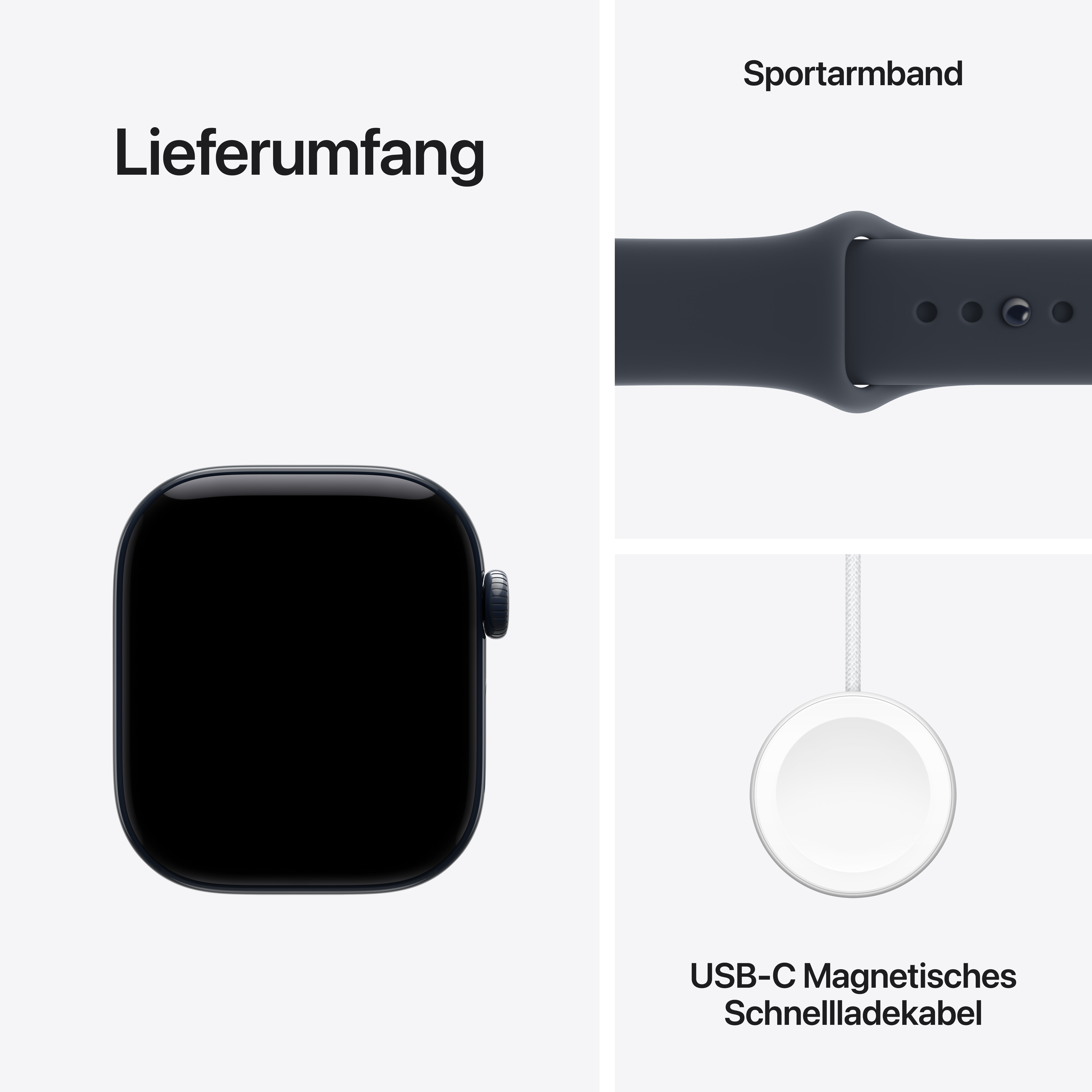 Lieferumfang: dunkles Smartwatch-Gehäuse, Sportarmband und USB-C Magnetisches Schnellladekabel.
