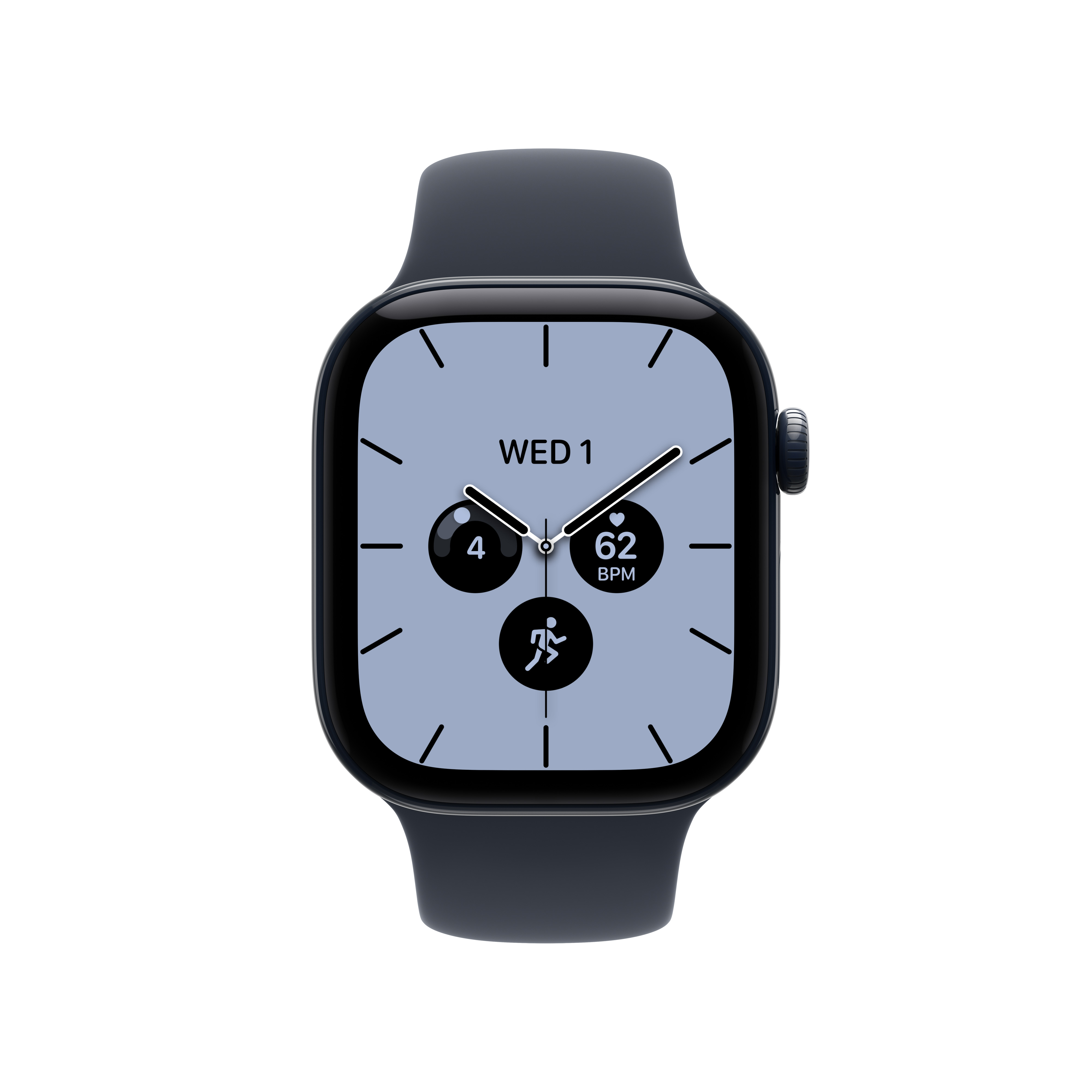 Schwarze Smartwatch mit grauem Zifferblatt, weißen Zeigern und kleinen runden Komplikationen.