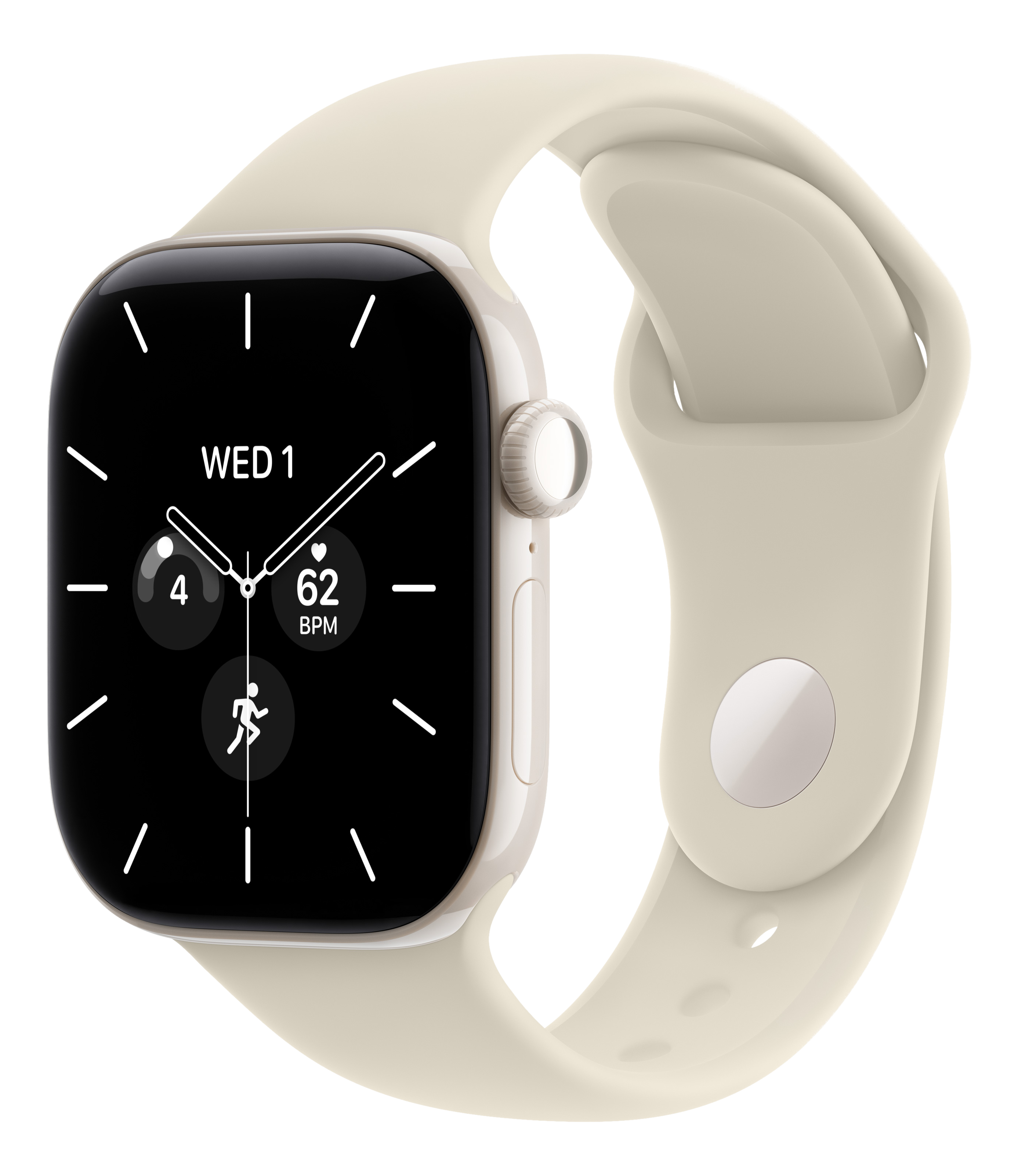 Eine cremefarbene Smartwatch mit schwarzem Display, weißen Zeigern und Ziffernblättern auf einem schwarzen Hintergrund.